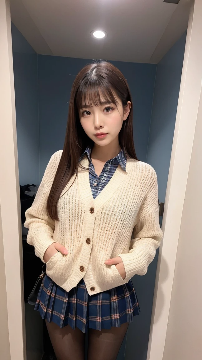 (((8k、High resolution、Highest quality、High resolution)))alone、Natural body shape、White skin、Natural Makeup、((Black Hair、bangs、Straight Long Hair))、((()))、、(:1.4)、(())、(((((Full body photo)))))、(((Looking into the camera)))、(((Wear a uniform on the upper body)))、Bedroom、(((Of high school))) 、((white collared long sleeve blouse))、((Beige cardigan))、((Pleated skirt with dark blue plaid pattern、mini skirt、Ultra-realistic pantyhose))、、、Expressionless、((Exposing thighs))