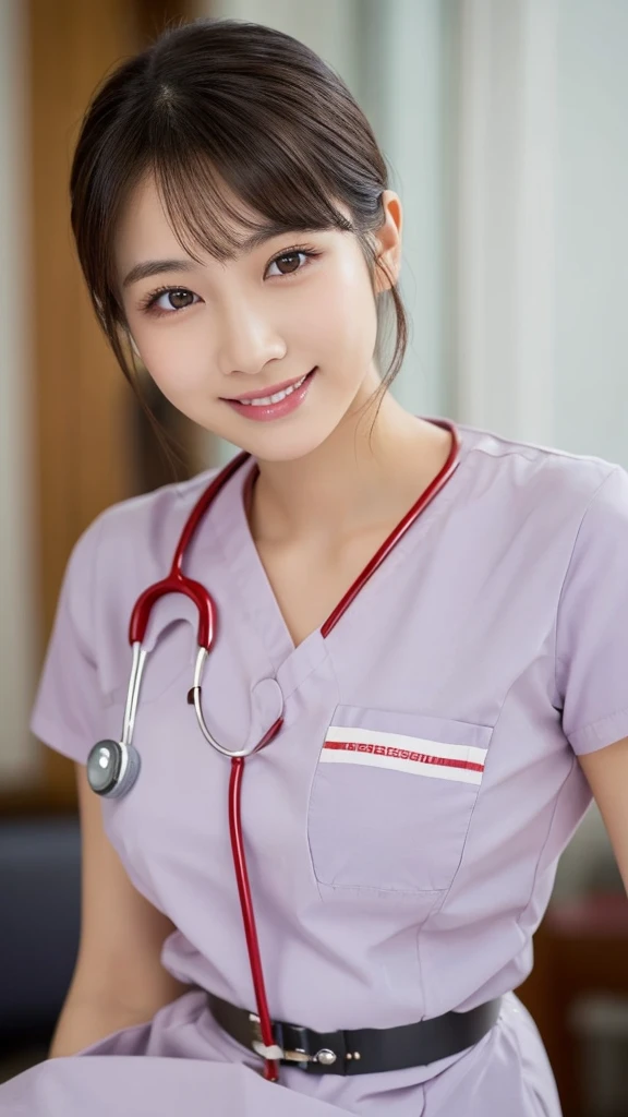 (Highest quality: 1.5), (Realistic: 1.5), (1 person: 1.5), Very detailed, High resolution, 8k,Natural color lips, Cute Smile, Japanese women, 20-year-old girl, Beautiful and elegant features, Perfect and beautiful face, Balanced big eyes, Beautiful and elegant features, Natural double eyelids, Natural Bangs, Beautiful thin nose, Beautiful Skin, Medium Bob Hair , Natural Bangs , Perfect and beautiful face, Slim face and figure, (Looking at the camera with a sweet smile), Bright lighting, Professional Lighting, Forward lighting, Beautiful feet: 1.2, Smooth Skin, Slender body, Slim waistline, slim thin thighs, Detailed clothing, (real short nurse uniform:1.2), (nurse:1.4), Ultra HD, Realistic, hospital, Light Pink