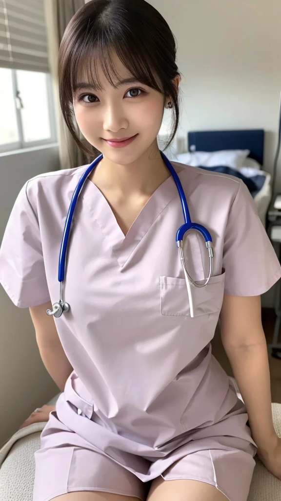 (Highest quality: 1.5), (Realistic: 1.5), (1 person: 1.5), Very detailed, High resolution, 8k,Natural color lips, Cute Smile, Japanese women, 20-year-old girl, Beautiful and elegant features, Perfect and beautiful face, Balanced big eyes, Beautiful and elegant features, Natural double eyelids, Natural Bangs, Beautiful thin nose, Beautiful Skin, Medium Bob Hair , Natural Bangs , Perfect and beautiful face, Slim face and figure, (Looking at the camera with a sweet smile), Bright lighting, Professional Lighting, Forward lighting, Beautiful feet: 1.2, Smooth Skin, Slender body, Slim waistline, slim thin thighs, Detailed clothing, (real short nurse uniform:1.2), (nurse:1.4), Ultra HD, Realistic, hospital, Light Pink