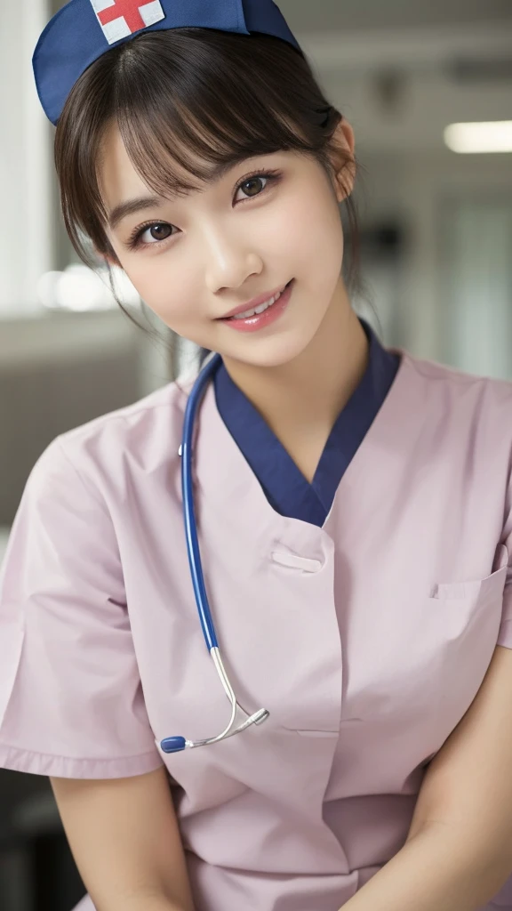 (Highest quality: 1.5), (Realistic: 1.5), (1 person: 1.5), Very detailed, High resolution, 8k,Natural color lips, Cute Smile, Japanese women, 20-year-old girl, Beautiful and elegant features, Perfect and beautiful face, Balanced big eyes, Beautiful and elegant features, Natural double eyelids, Natural Bangs, Beautiful thin nose, Beautiful Skin, Medium Bob Hair , Natural Bangs , Perfect and beautiful face, Slim face and figure, (Looking at the camera with a sweet smile), Bright lighting, Professional Lighting, Forward lighting, Beautiful feet: 1.2, Smooth Skin, Slender body, Slim waistline, slim thin thighs, Detailed clothing, (real short nurse uniform:1.2), (nurse:1.4), Ultra HD, Realistic, hospital, Light Pink