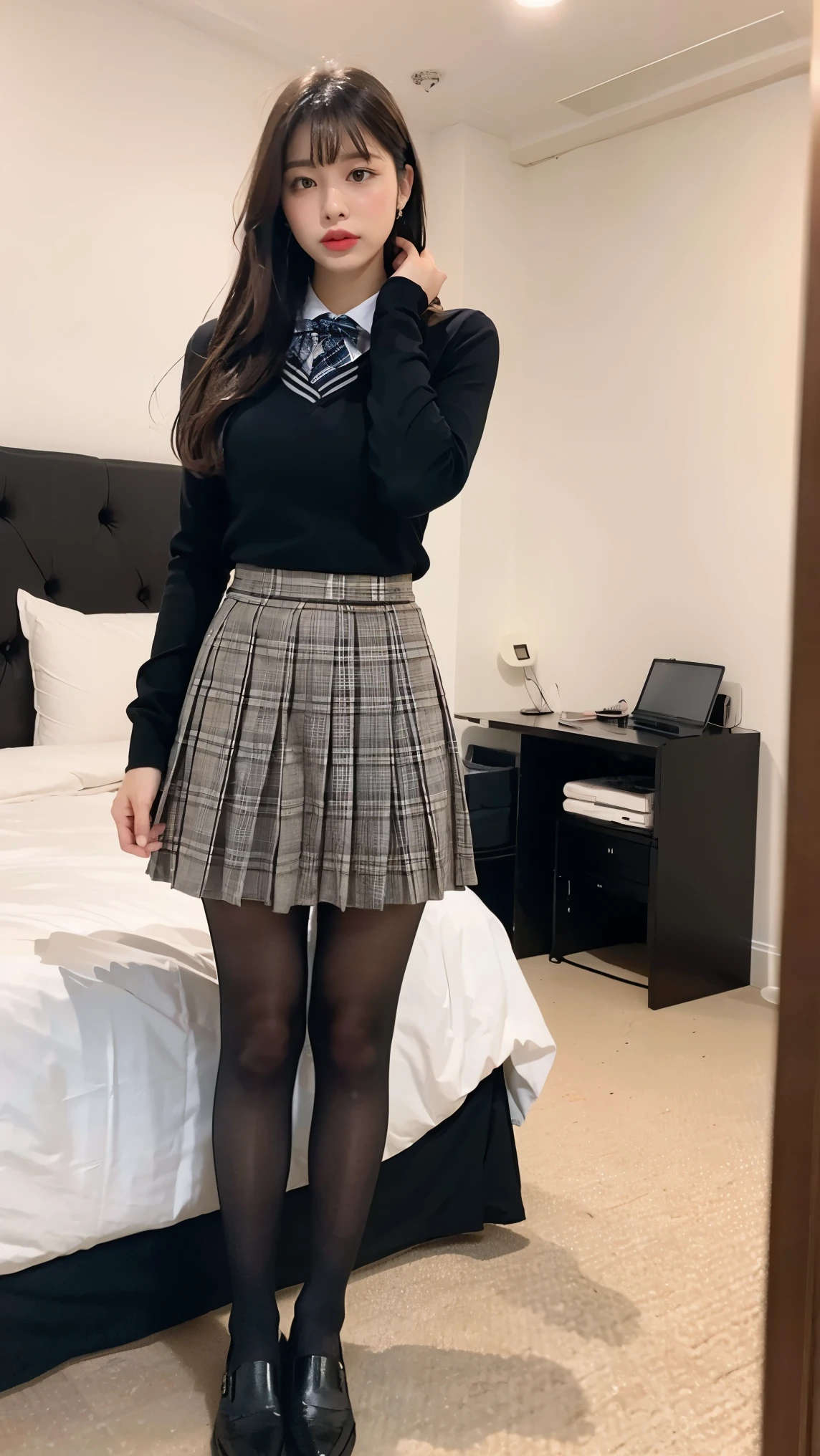(((8k、High resolution、Highest quality、High resolution)))alone、Natural body shape、White skin、Natural Makeup、((Black Hair、bangs、Straight Long Hair))、((()))、、(:1.4)、(())、(((((Full body photo)))))、(((Looking into the camera)))、(((Wear a uniform on the upper body)))、Bedroom、(((Of high school))) 、((white collared long sleeve blouse))、((Beige cardigan))、((Pleated skirt with dark blue plaid pattern、mini skirt、Ultra-realistic pantyhose))、、、Expressionless、((Exposing thighs))