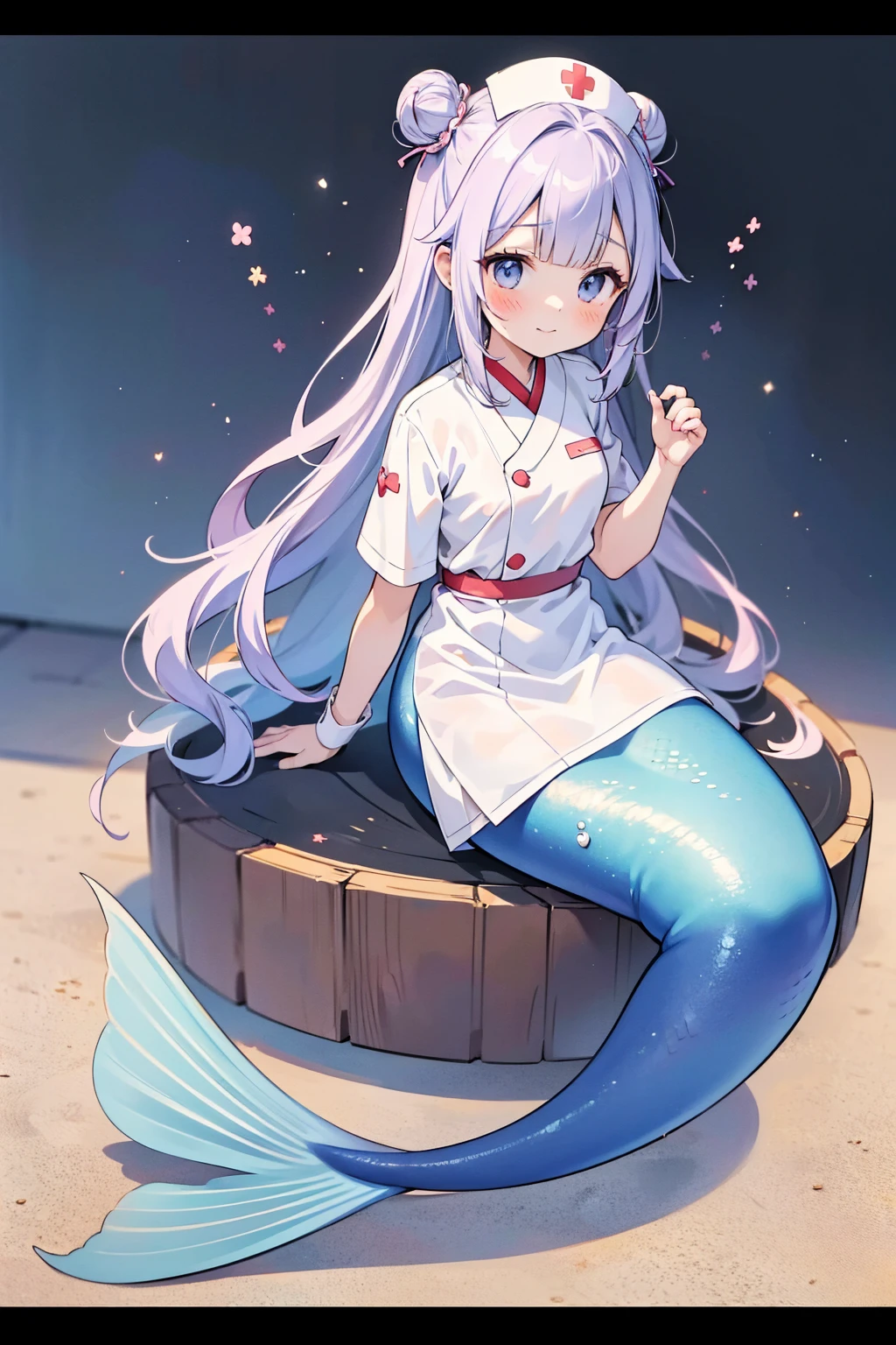 masterpiece, best quality,A woman,Mermaid,紫色Mermaid尾巴,Hair Bun,full-body shot,Nurse,Nurse服,Sitting,charming脸(Kawaii, charming,Soft)
