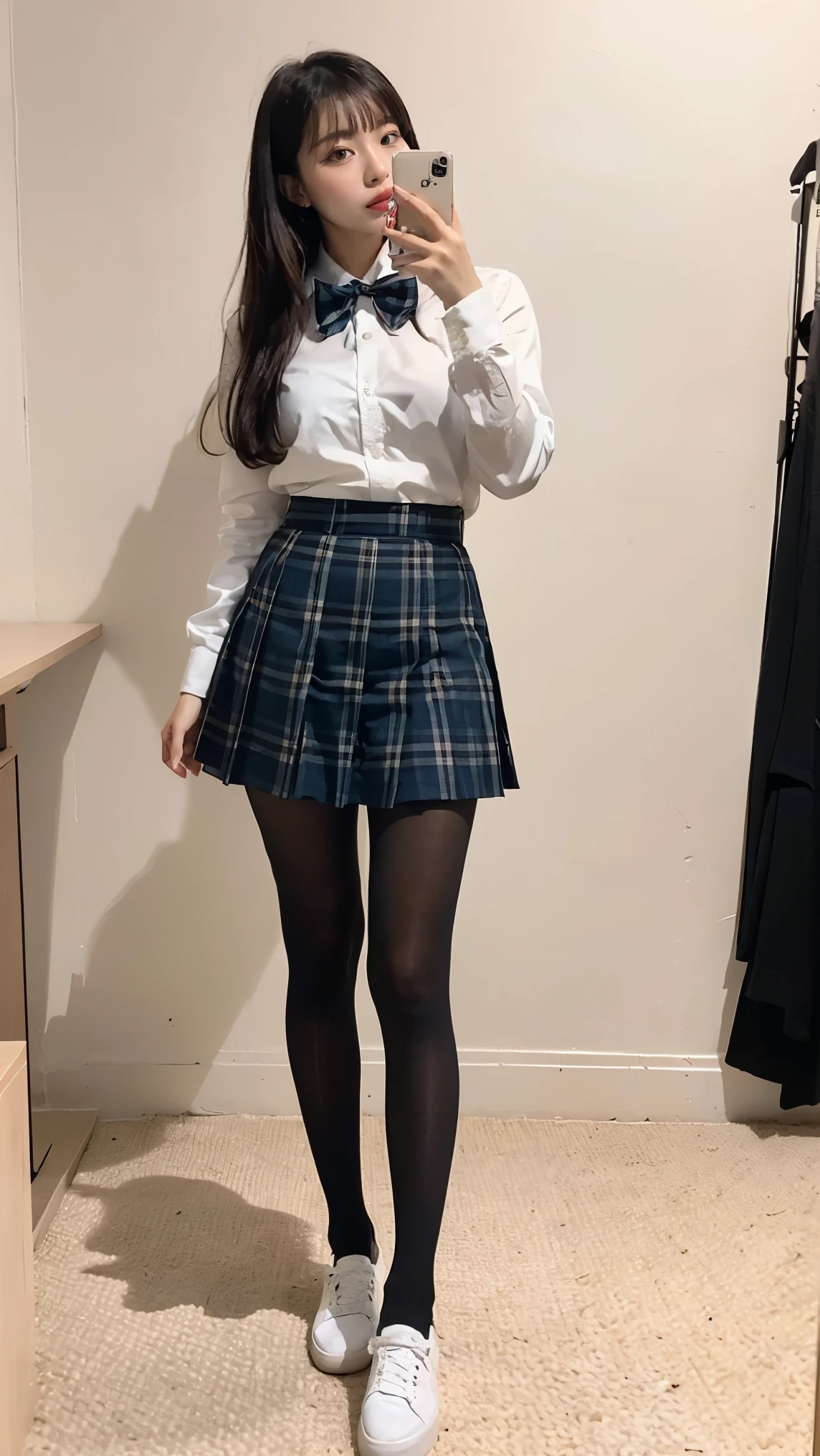 (((8k、High resolution、Highest quality、High resolution)))alone、Natural body shape、White skin、Natural Makeup、((Black Hair、bangs、Straight Long Hair))、((()))、、(:1.4)、(())、(((((Full body photo)))))、(((Looking into the camera)))、(((Wear a uniform on the upper body)))、Bedroom、(((Of high school))) 、((white collared long sleeve blouse))、((Beige cardigan))、((Pleated skirt with dark blue plaid pattern、mini skirt、Ultra-realistic pantyhose))、、、Expressionless、((Exposing thighs))