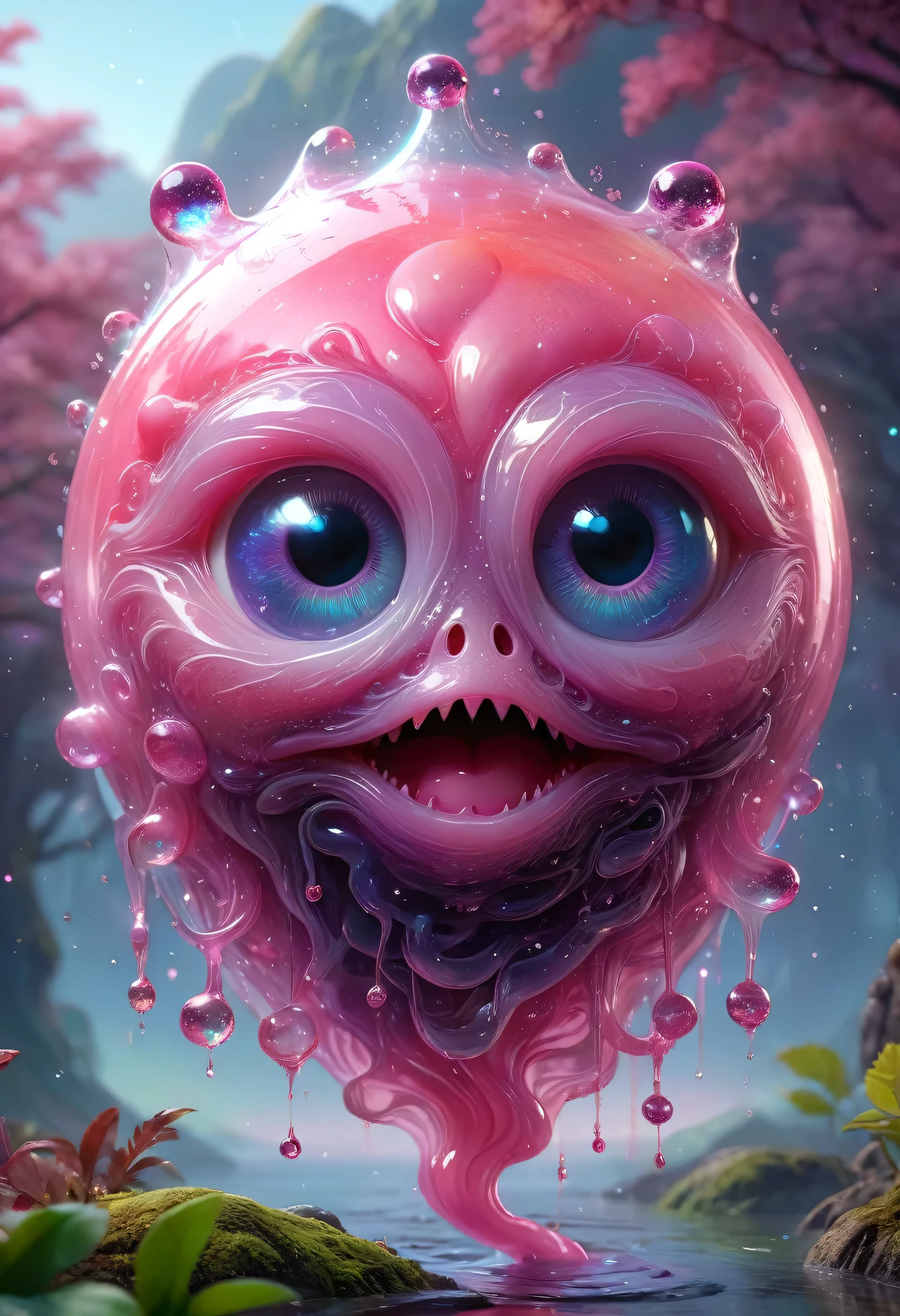 digital art of gradient-colored see-through slime creature , the slime has big anime like eyes without mouth, isekai world, depth of field, nature, sparkling eyes, sparkling aura,   pink colors blending seamlessly, high-definition textures, intricate details, perfect lighting, 8k resolution, floating in mid-air, glossy surface, highly detailed, vivid reflections, dynamic composition