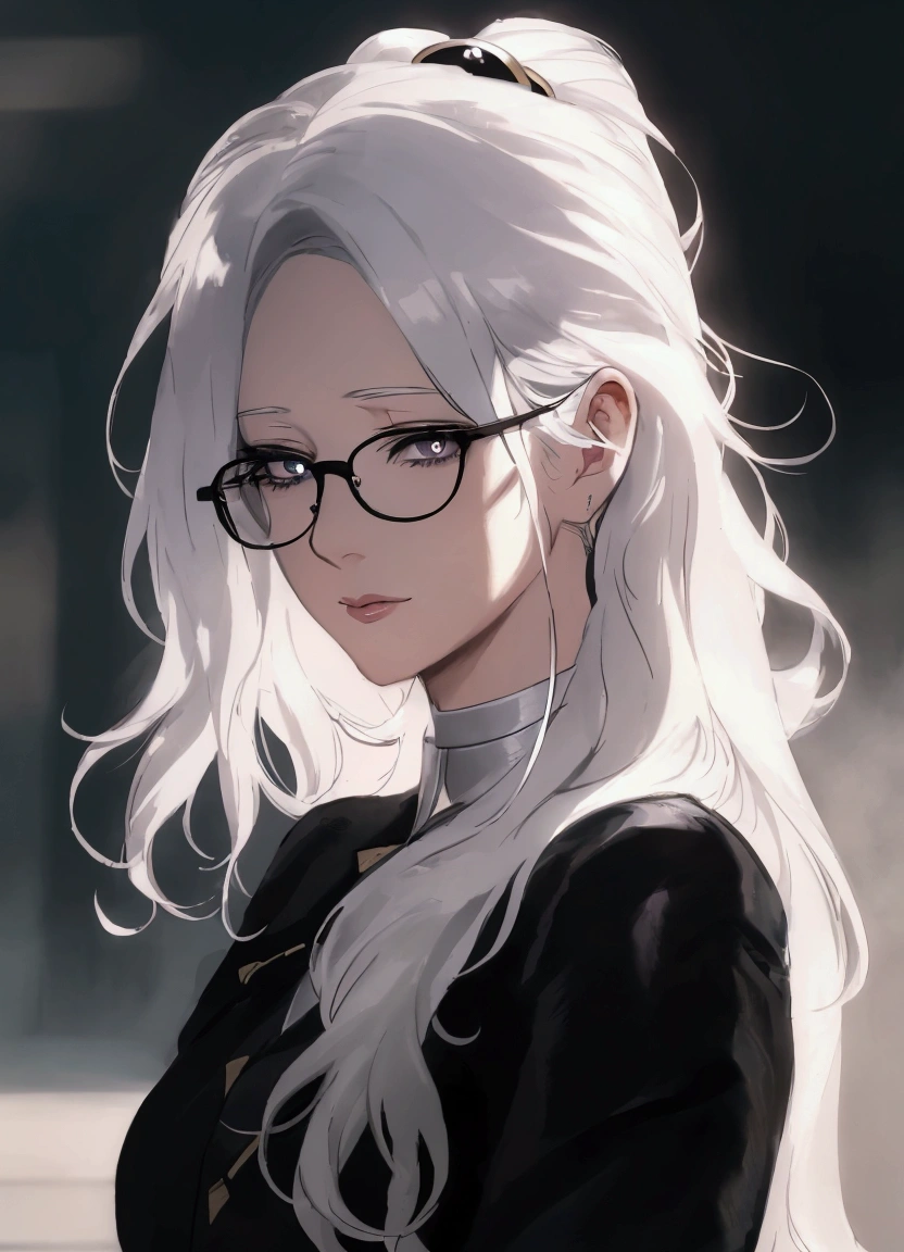 a close up of a woman with glasses and a black shirt, perfect white haired girl, girl with white hair, artwork in the style of guweiz, flowing white hair, white haired, beautiful anime portrait, white haired lady, guweiz, with long white hair, white-haired, with glasses, realistic young anime girl, realistic anime art style