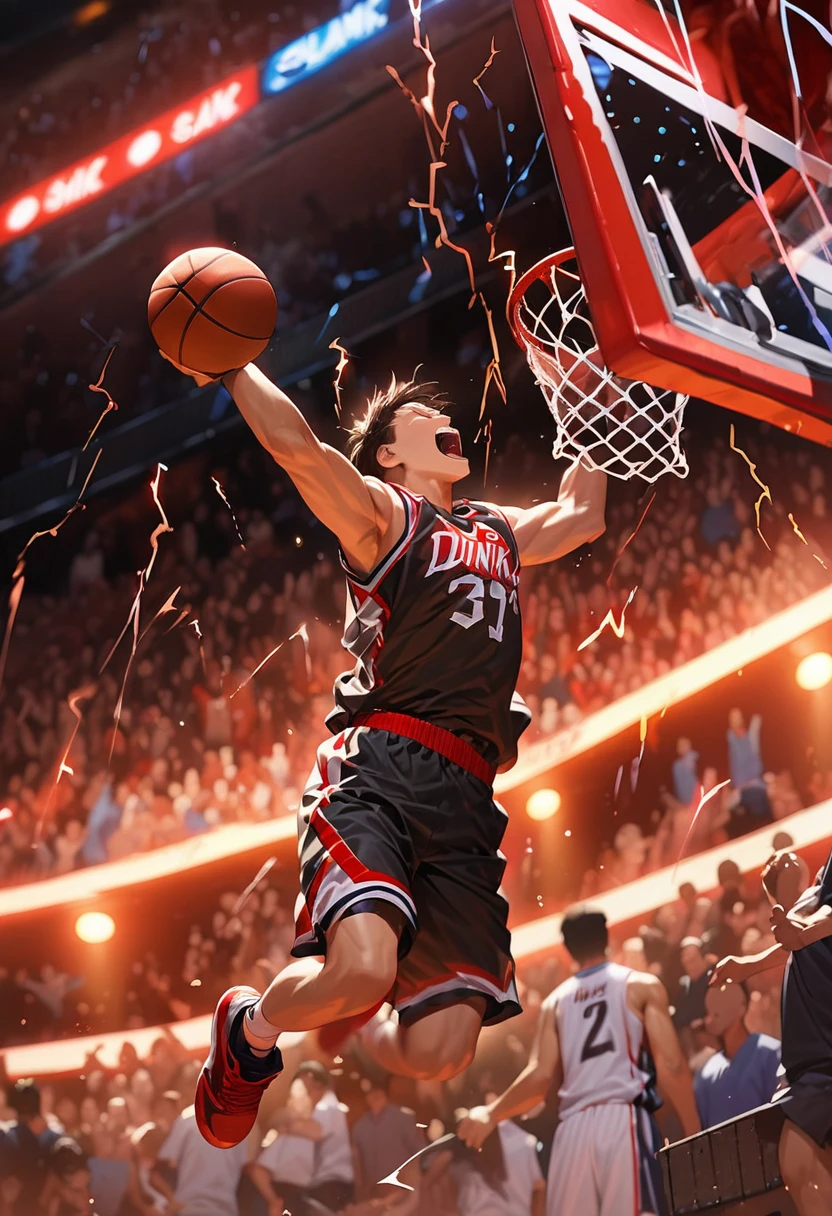 Male professional basketball player dunks in air, another player is jumping for defense in same time, close up goal, dunk shot, SLAM DUNK, Dynamic Motion, lightning, (board displayed red "O . l":1.4), The crowd gets excited in the dimly lit match venue, (masterpiece, best quality, super detailed)