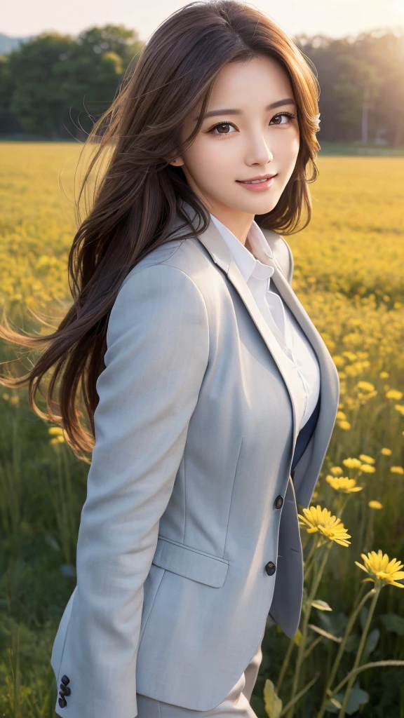 highest quality、genuine、Super detailed、finely、High resolution、8k wallpaper、one beautiful woman、、、light brown disheveled hair、wearing a business suit、sharp focus、perfect dynamic composition、beautiful and detailed eyes、thin hair、Detailed genuine skin texture、smile、model body shape、In a windswept meadow