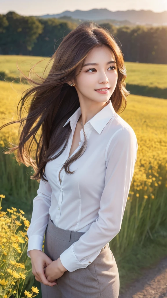 highest quality、genuine、Super detailed、finely、High resolution、8k wallpaper、one beautiful woman、、、light brown disheveled hair、wearing a business suit、sharp focus、perfect dynamic composition、beautiful and detailed eyes、thin hair、Detailed genuine skin texture、smile、model body shape、In a windswept meadow