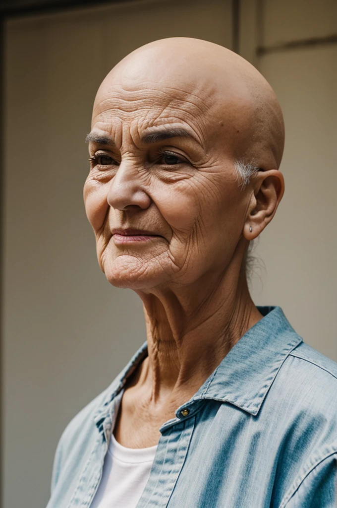Old bold woman with an egg shape head and a bit jow line and she's facing the cemra
