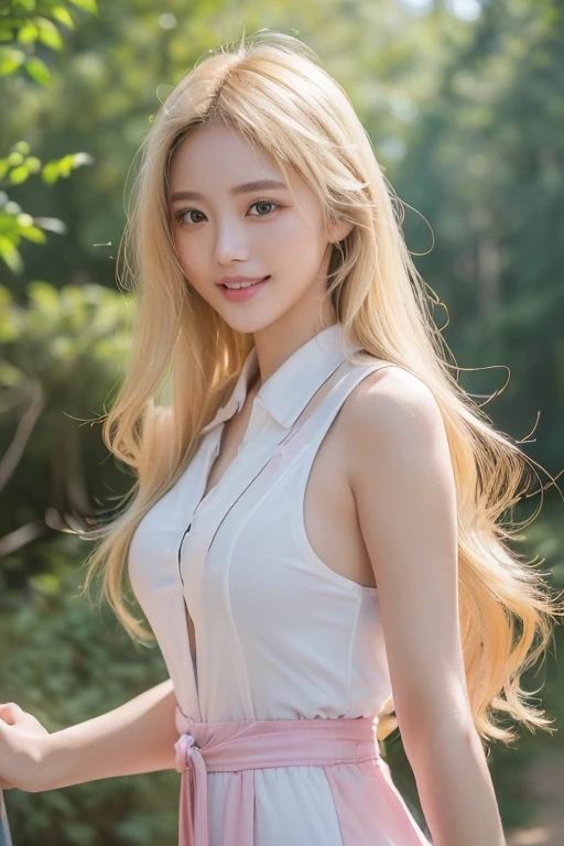 (best quality, 8K, high resolution, Reality:2.0), girl,(light: front),(light: Strong),(The most beautiful girl:2.0),(Glowing skin),(Oily skin),(Blonde Hair:1.5),(Very long hair:1.5),(beauty:2.0),Brown blush makeup , Dark eye makeup , Use pink glossy lipstick,(大眼睛girl:1.5),(眼窝下垂的girl:1.5),(瘦girl:1.5),(娃娃脸girl),(Sexy:1.7),(香香的girl),(Shot on a hiking trail in the forest:1.8),(The creek is babbling),(A place with very clean air),(Her job pays very little:1.5),(She has a beautiful smile),(She is very sociable),(From very poor:1.5),(),(She is a secret.),(She secretly),(她看上去很Sexy),(Virginity for the faithful),chuuChloe,(Sneak and reach intense),(Wear neat and clean clothes)