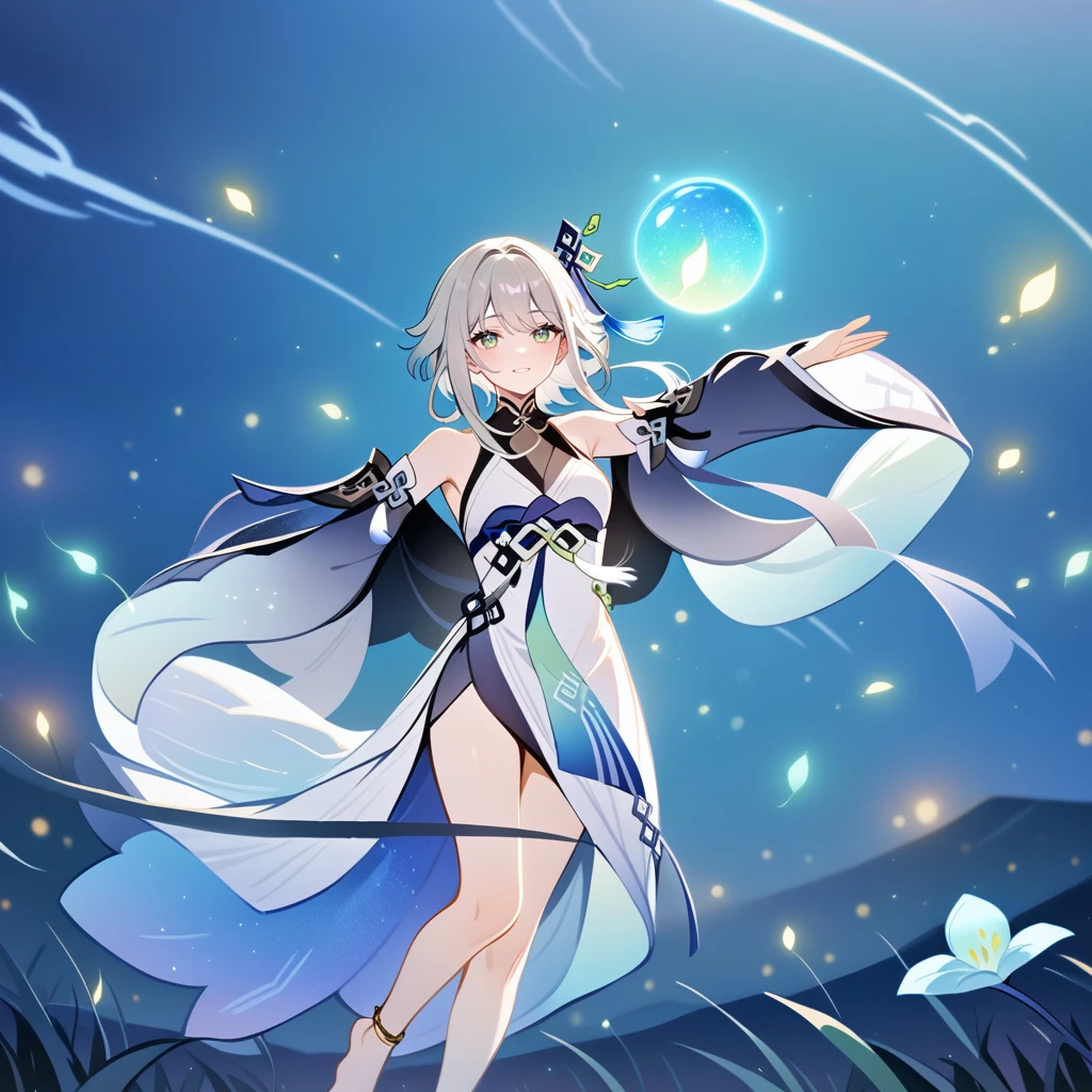 1girl, guizhong_\(genshin_impact\),light grey hair,short_hair_with_long_locks,starry_sky_print,detached_sleeves, long sleeves that drape over hands past fingers,dancing,hanfu,illustrated by matsuryuu and agahari and dsmile,pale green-grey eyes,stunning field of softly glowing blue and white glaze lilies,night scene,gentle smile,moonlight,glossy lips,soft anime coloring,cel shading,smooth, soft dreamy focus,anklet,halter_top,white clothes,highly detailed,digital painting,field of flowers,bare_shoulders,mihoyo,barefoot,cool night tones, magical night scene,masterpiece, best quality, film, bokeh, multicolored light particles,professional, 4k, highly detailed,fireflies,Guardian nebula of rainbow light and silvery vapor,ai-generated,goddess of stardust,realistic:.25