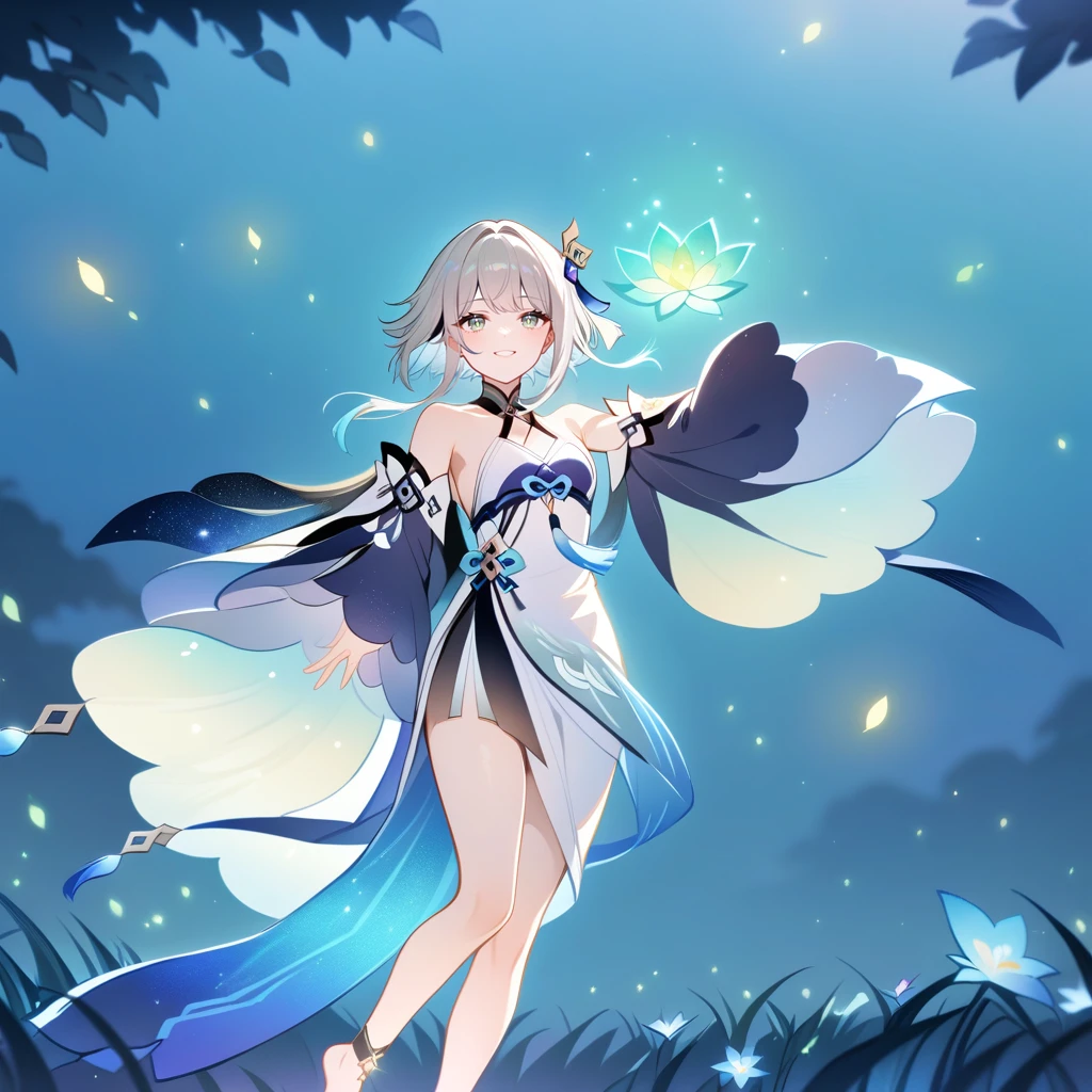 1girl, guizhong_\(genshin_impact\),light grey hair,short_hair_with_long_locks,starry_sky_print,detached_sleeves, long sleeves that drape over hands past fingers,dancing,hanfu,illustrated by matsuryuu and agahari and dsmile,pale green-grey eyes,stunning field of softly glowing blue and white glaze lilies,night scene,gentle smile,moonlight,glossy lips,soft anime coloring,cel shading,smooth, soft dreamy focus,anklet,halter_top,white clothes,highly detailed,digital painting,field of flowers,bare_shoulders,mihoyo,barefoot,cool night tones, magical night scene,masterpiece, best quality, film, bokeh, multicolored light particles,professional, 4k, highly detailed,fireflies,Guardian nebula of rainbow light and silvery vapor,ai-generated,goddess of stardust,realistic:.25