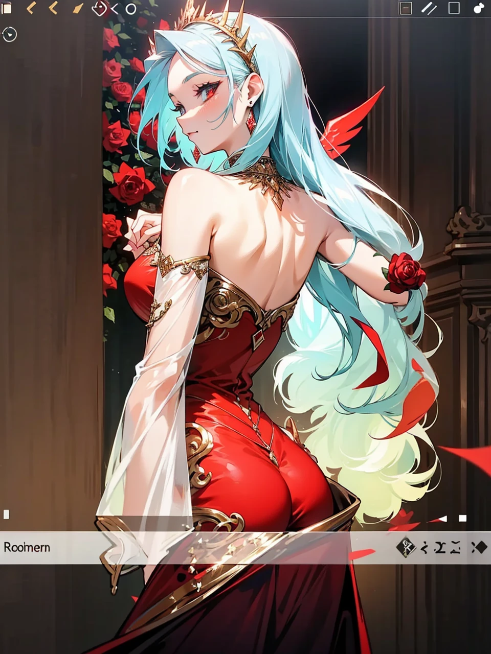 Add in roses to her dress, a good back dress design with some golden jewelry, make her dress into a red and white gown with a hat, give her some unique Jewelry, and make her look somewhat of a demonic angel like appearance to her