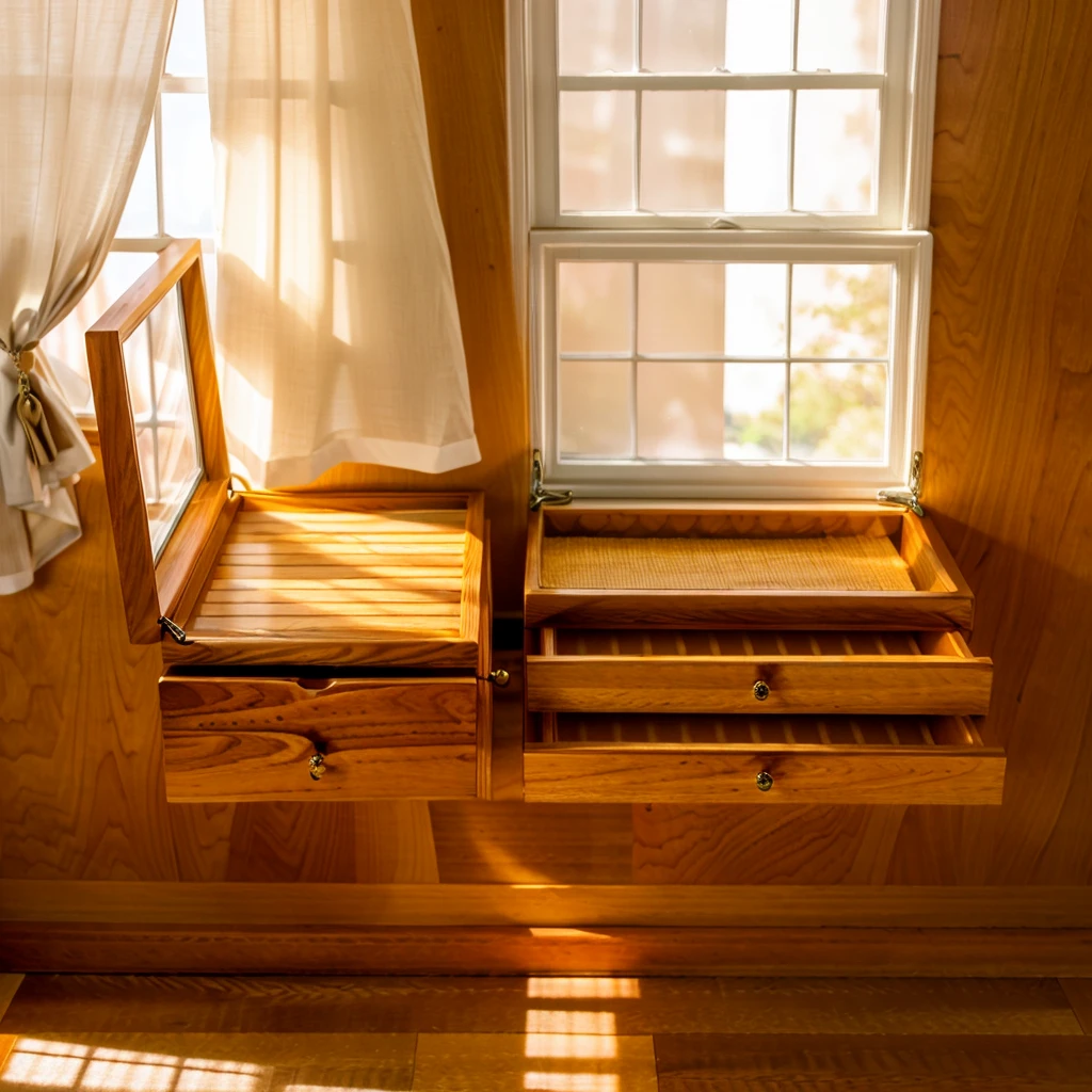 In this cozy room，A ray of sunlight shone through the half-drawn curtains on the table，Let the wood grain on the watch storage box shine with a faint luster。There was a calm and peaceful atmosphere in the air around them。There are several still lifes hanging on the walls of the room，It adds a touch of elegance to the space。And on the other side of the room，The half-open window lets in the breeze，The pages on the small desk by the window turned in the wind，This quiet scene gives a sense of tranquility and comfort。

