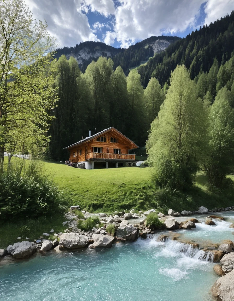 there is a small cabin with a pool in the middle of the woods, very close to real nature, next to a river, all in the amazing outdoors view, luxurious onsens, chalet, log cabin beneath the alps, beautiful place, tiny house, with waterfalls and river, pools and streams, paradise in the background, switzerland, austria, next to a small river