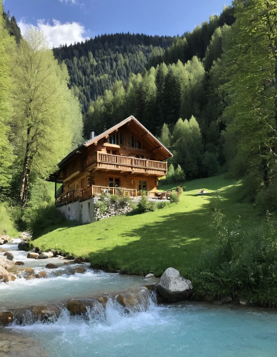 there is a small cabin with a pool in the middle of the woods, very close to real nature, next to a river, all in the amazing outdoors view, luxurious onsens, chalet, log cabin beneath the alps, beautiful place, tiny house, with waterfalls and river, pools and streams, paradise in the background, switzerland, austria, next to a small river