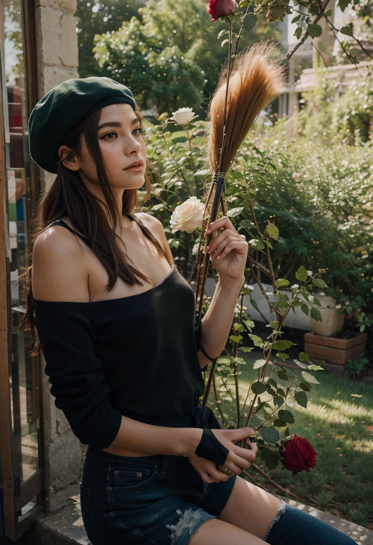 Painter girl with beret drawing roses