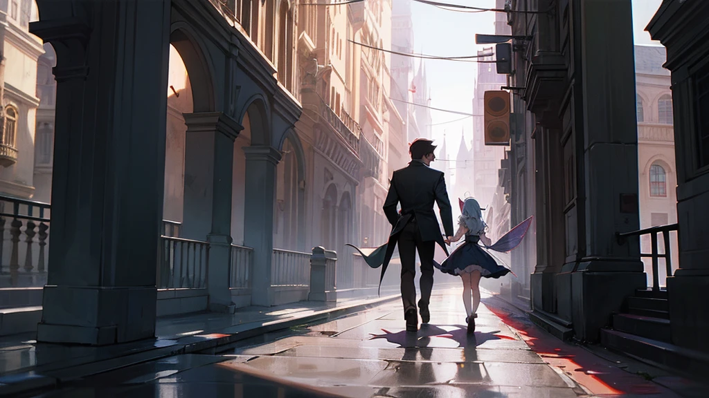fairy and vampire walking trough the streets