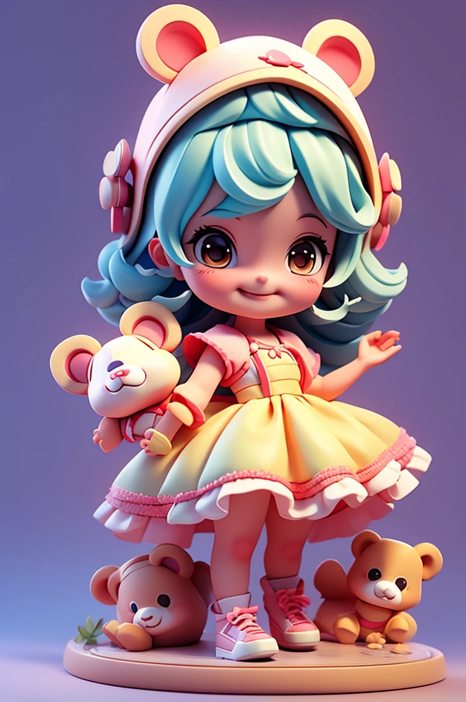 A cartoon little girl,Disney Princess Dress Up,energetic and cute,Holding a bear-shaped doll in his hand,Smile at the camera,3D Rendering,OC Rendering,C4D