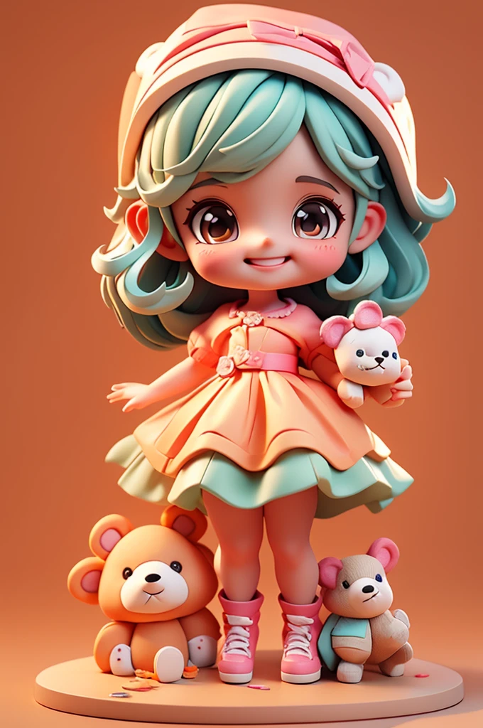 A cartoon little girl,Disney Princess Dress Up,energetic and cute,Holding a bear-shaped doll in his hand,Smile at the camera,3D Rendering,OC Rendering,C4D