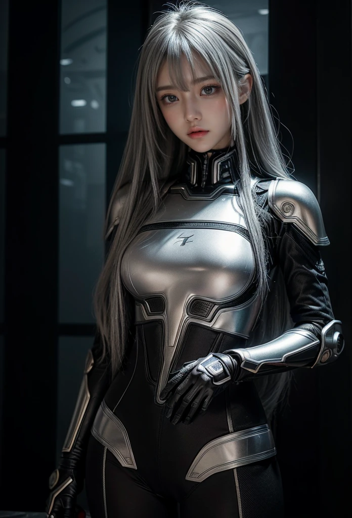 cyber angel,machine wing,{{Sci-Fi Armor}},cyber suit,cyberpunk,science fiction,cyber battle armor,Battledress,Military Uniforms,pants,black military uniform,whole body,Height: 168cm,almond shape eyes,{{{{{silver eyes}}}}},{{{{{dull bangs}}}}},(slanted eyes},{{whole body},{{{1 girl}}}, long hair, straight hair,{{{{silver hair}}}},{{{tsurime}}},30 years old,{Medium chest},{{bush}},silver eyes,{{{masterpiece}}}, {{{highest quality}}}, {{Super detailed}}, {shape}, {{very delicate and beautiful}},very detailed,detailed perfect,detailed hyper,Abundant thighs,big ass,black clothes