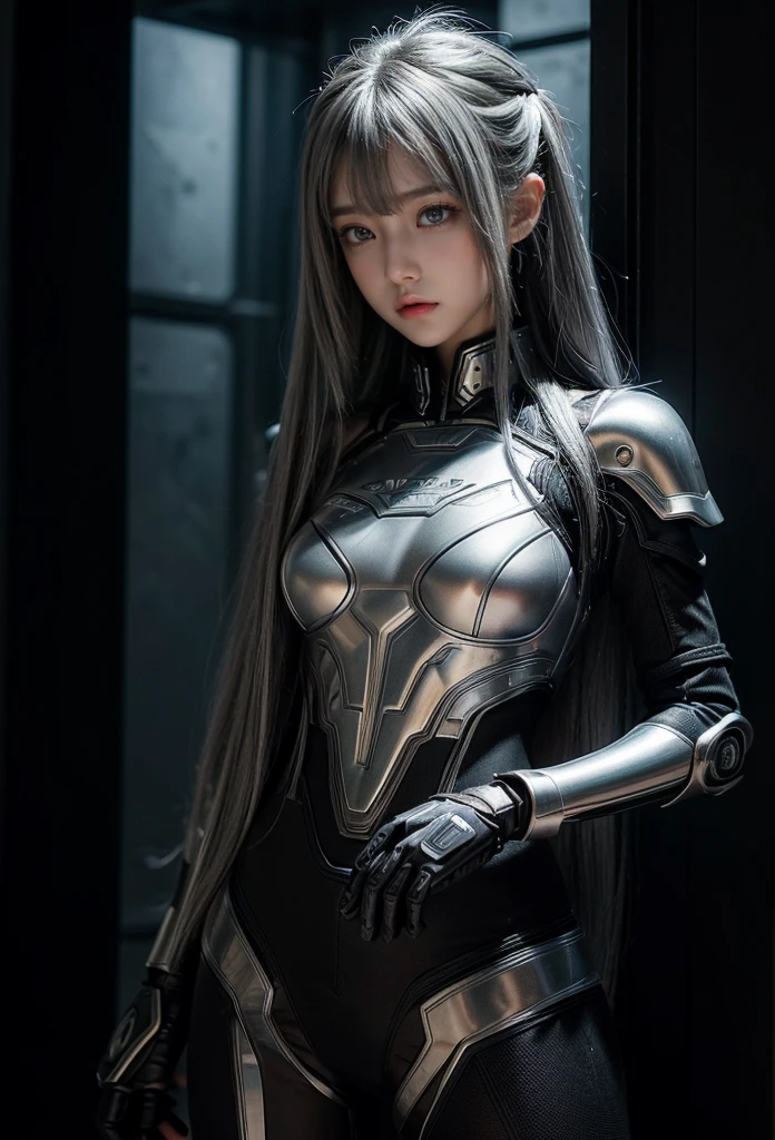 cyber angel,machine wing,{{Sci-Fi Armor}},cyber suit,cyberpunk,science fiction,cyber battle armor,Battledress,Military Uniforms,pants,black military uniform,whole body,Height: 168cm,almond shape eyes,{{{{{silver eyes}}}}},{{{{{dull bangs}}}}},(slanted eyes},{{whole body},{{{1 girl}}}, long hair, straight hair,{{{{silver hair}}}},{{{tsurime}}},30 years old,{Medium chest},{{bush}},silver eyes,{{{masterpiece}}}, {{{highest quality}}}, {{Super detailed}}, {shape}, {{very delicate and beautiful}},very detailed,detailed perfect,detailed hyper,Abundant thighs,big ass,black clothes
