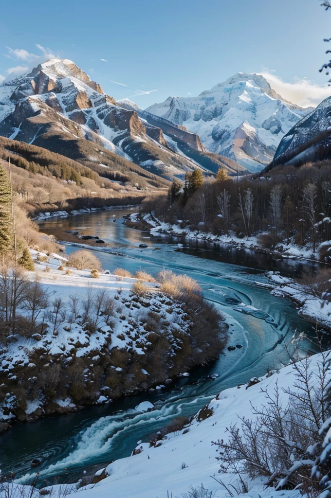 ((best quality)), ((masterpiece)), (detailed), mountain, snowy on top, blue river in front of the mountain, nature view