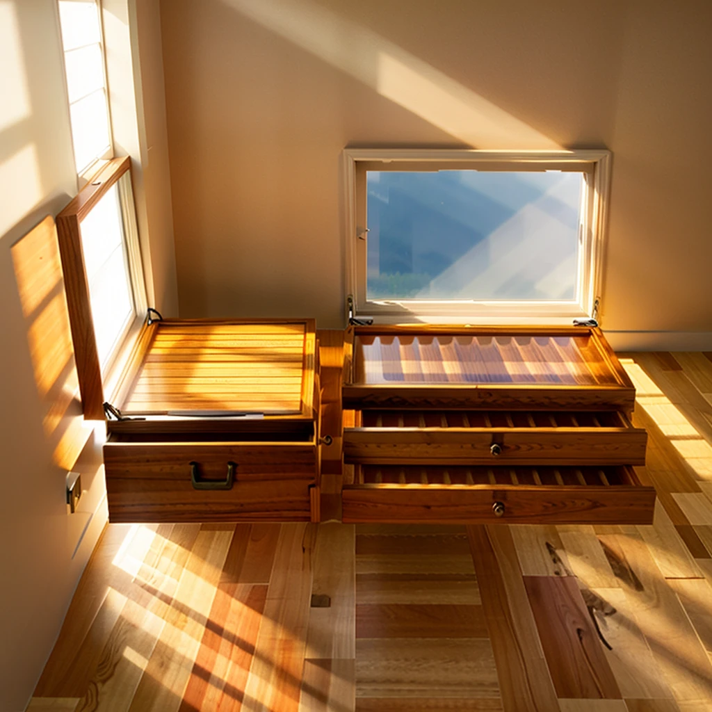 In this cozy room,A ray of sunlight shone through the half-drawn curtains on the table,Let the wood grain on the watch storage box shine with a faint luster。There was a calm and peaceful atmosphere in the air around them。There are several still lifes hanging on the walls of the room,It adds a touch of elegance to the space。And on the other side of the room,The half-open window lets in the breeze,The pages on the small desk by the window turned in the wind,This quiet scene gives a sense of tranquility and comfort。