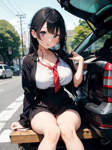 Anime Style、Woman sitting in car trunk in parking lot, ❤🔥🍄🌪, Yoshitomo Nara, Belle Delphine, Chiho, sakimichan, model elisa hess from acquamodels, 🪔 🎨;🌞🌄, Kentaro Miura Style、Big Breasts、Long black hair