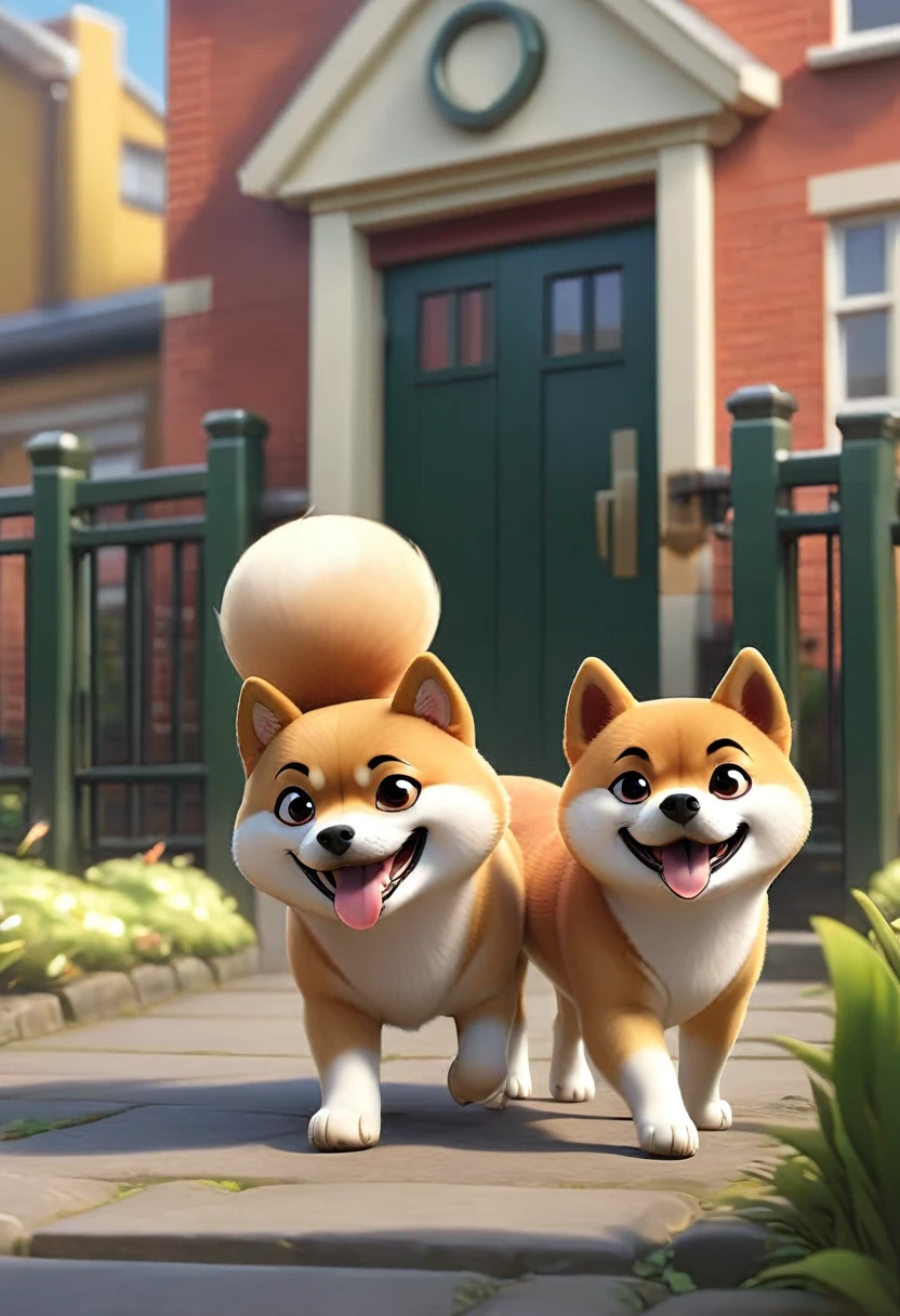 A Shiba Inu named Shiba walking energetically on all fours to school, alongside his friend, a Pomeranian named Pome. Shiba has a bright, cheerful expression and a spring in his step, his ears perked up and tail wagging. The school gate is visible in the background, with other students entering.