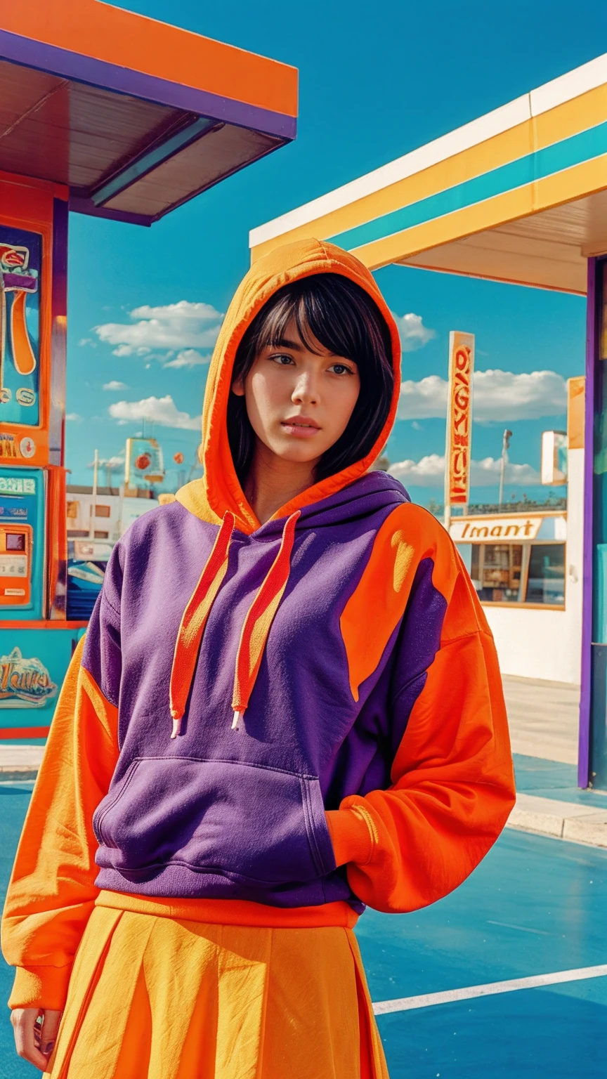 Fujifilm XT3,1 girl ,her pose exudes a sense of and joy,close up photo, wear (((color orange oversized_hoodie))), wear ((purple tennis skirt)),hands in hoodie pocket,looking front,Best Quality,Masterpiece,Ultra High Resolution,(Realisticity:1.4),Original Photo,light leak,ultra high resolution,UHD,beautiful, (bokeh:1) black bob hair, almond eye, no makeup, in front of (80's colorful gas station), (realistic:1.2), (surreal:1.3), (very detailed:1.1), ((masterpiece)),summer, blue sky, palm trees,sunny, los angles vibes