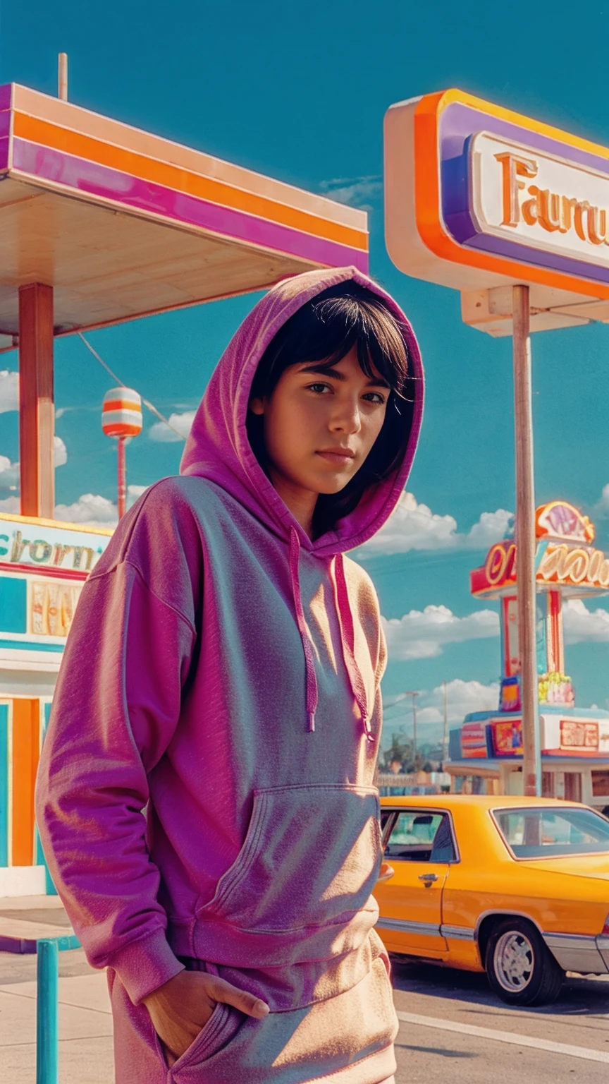 Fujifilm XT3,1 girl ,her pose exudes a sense of and joy,close up photo, wear (((color orange oversized_hoodie))), wear ((purple tennis skirt)),hands in hoodie pocket,looking front,Best Quality,Masterpiece,Ultra High Resolution,(Realisticity:1.4),Original Photo,light leak,ultra high resolution,UHD,beautiful, (bokeh:1) black bob hair, almond eye, no makeup, in front of (80's colorful gas station), (realistic:1.2), (surreal:1.3), (very detailed:1.1), ((masterpiece)),summer, blue sky, palm trees,sunny, los angles vibes