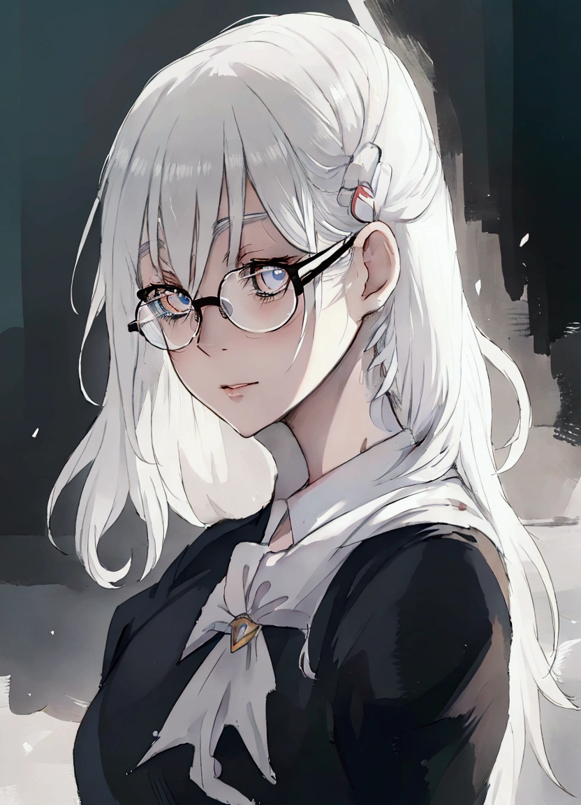 a close up of a woman with glasses and a black shirt, perfect white haired girl, girl with white hair, artwork in the style of guweiz, flowing white hair, white haired, beautiful anime portrait, white haired lady, guweiz, with long white hair, white-haired, with glasses, realistic young anime girl, realistic anime art style