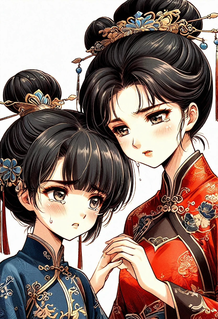 Period drama manga style　A 15-year-old super beautiful Chinese girl with black hair in a bun cut(1 person)　She is wearing a royal long-sleeved Chinese dress　She fights the perverted old man emperor　She cries　She exposes her nipples and starts hand-to-hand combat with a man