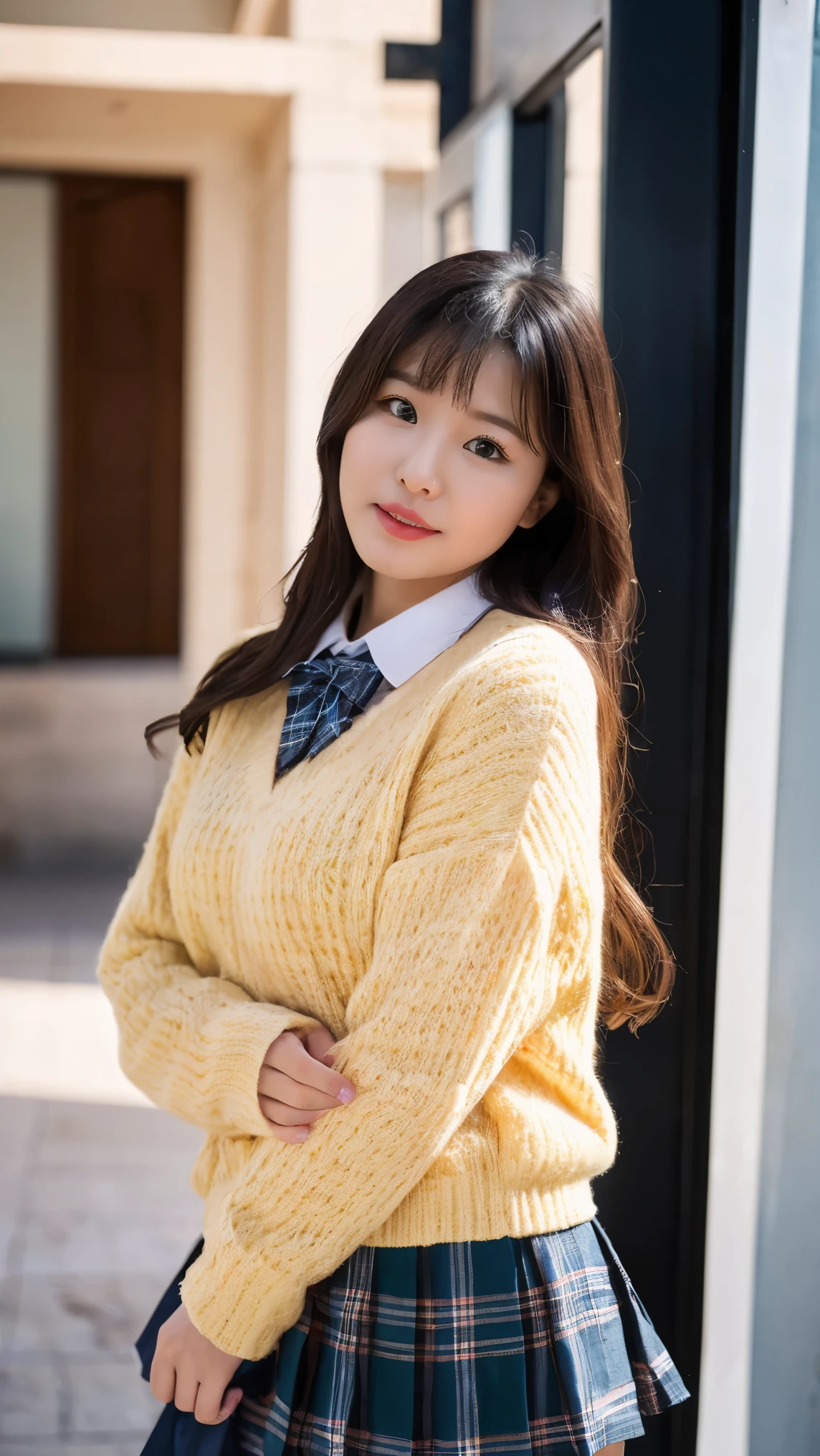 (((8k、High resolution、Highest quality、High resolution)))alone、Natural body shape、White skin、Natural Makeup、((Black Hair、bangs、Straight Long Hair))、((()))、、(:1.4)、(())、(((((Full body photo)))))、(((Looking into the camera)))、(((Wear a uniform on the upper body)))、Bedroom、(((Of high school))) 、((white collared long sleeve blouse))、((Beige cardigan))、((Pleated skirt with dark blue plaid pattern、mini skirt、Ultra-realistic pantyhose))、、、Expressionless、((Exposing thighs))