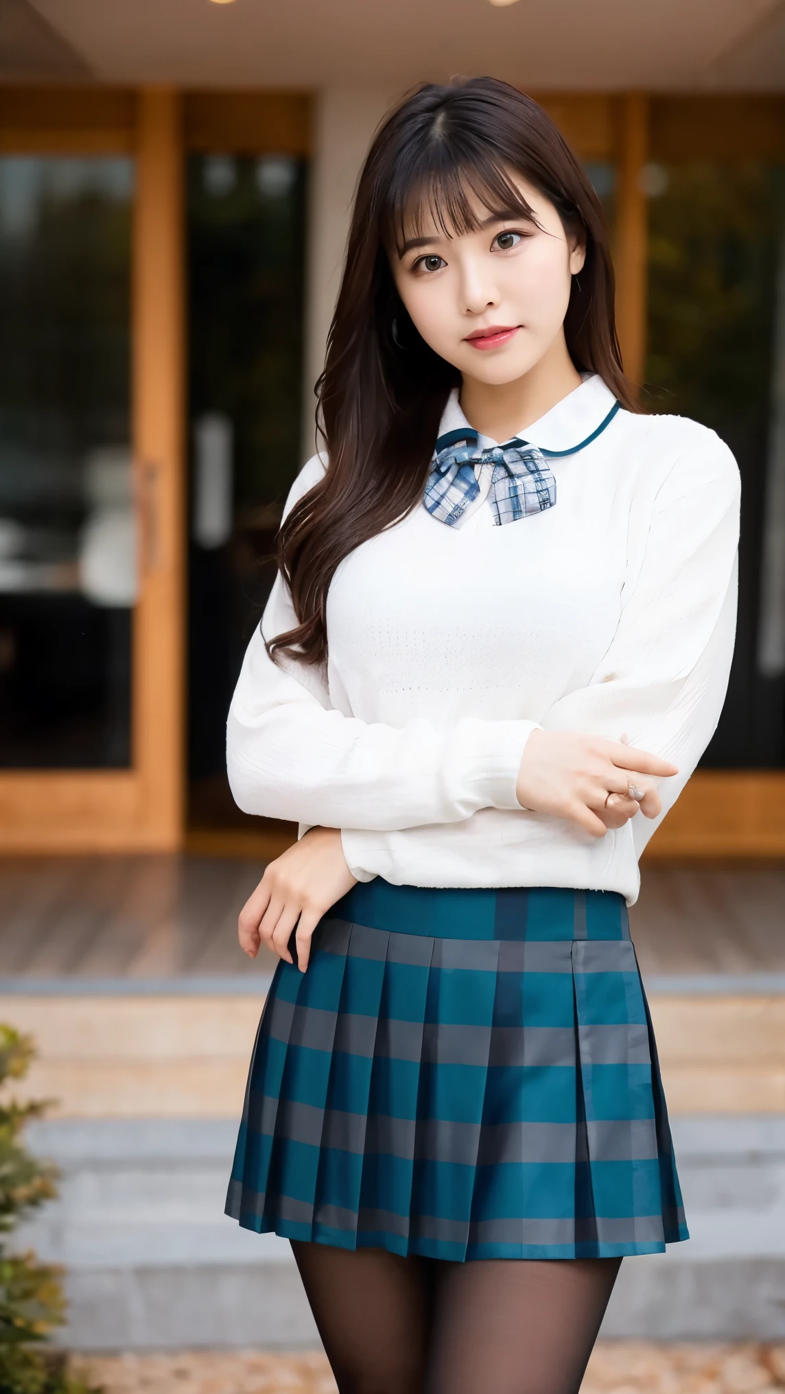 (((8k、High resolution、Highest quality、High resolution)))alone、Natural body shape、White skin、Natural Makeup、((Black Hair、bangs、Straight Long Hair))、((()))、、(:1.4)、(())、(((((Full body photo)))))、(((Looking into the camera)))、(((Wear a uniform on the upper body)))、Bedroom、(((Of high school))) 、((white collared long sleeve blouse))、((Beige cardigan))、((Pleated skirt with dark blue plaid pattern、mini skirt、Ultra-realistic pantyhose))、、、Expressionless、((Exposing thighs))