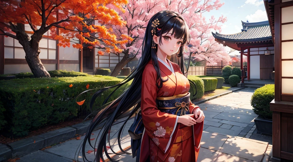 One girl, Long black hair, Brown eyes, Wearing a beautiful Japanese kimono, Gingko tree, Traditional buildings, High resolution, Super sharp, 8k, masterpiece, View your viewers