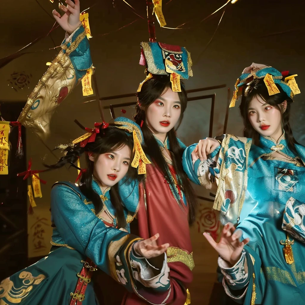 Three people in costumes standing in a room, official art works, Inspired by Emperor Xuande, Three Kingdoms of China, inspired by Cao Zhibai, g liulian art style, from three kingdoms, bian lian, Onmyoji, heise jinyao, Game Cover, Inspired by Wu Li, Inspired by Wu Bin, Taoist priest，Head up，上看中间一个Taoist priest，The two on the side are zombies