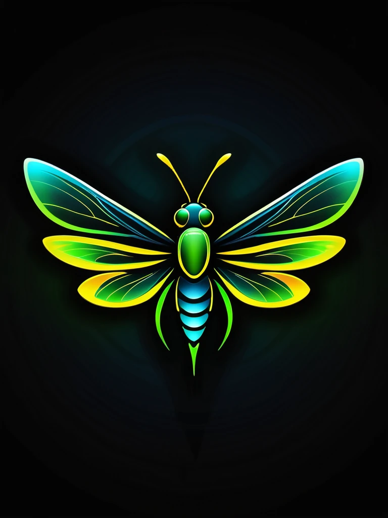 Create a logo featuring a firefly with a sleek and modern design. The firefly should have a super glowing, vibrant rear portion with neon colors like green, blue, and yellow. The body and wings should be detailed and elegant, with a dark background to make the glowing rear stand out prominently. The overall design should be artistic and eye-catching.
