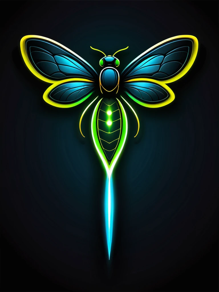 Create a logo featuring a firefly with a sleek and modern design. The firefly should have a super glowing, vibrant rear portion with neon colors like green, blue, and yellow. The body and wings should be detailed and elegant, with a dark background to make the glowing rear stand out prominently. The overall design should be artistic and eye-catching.
