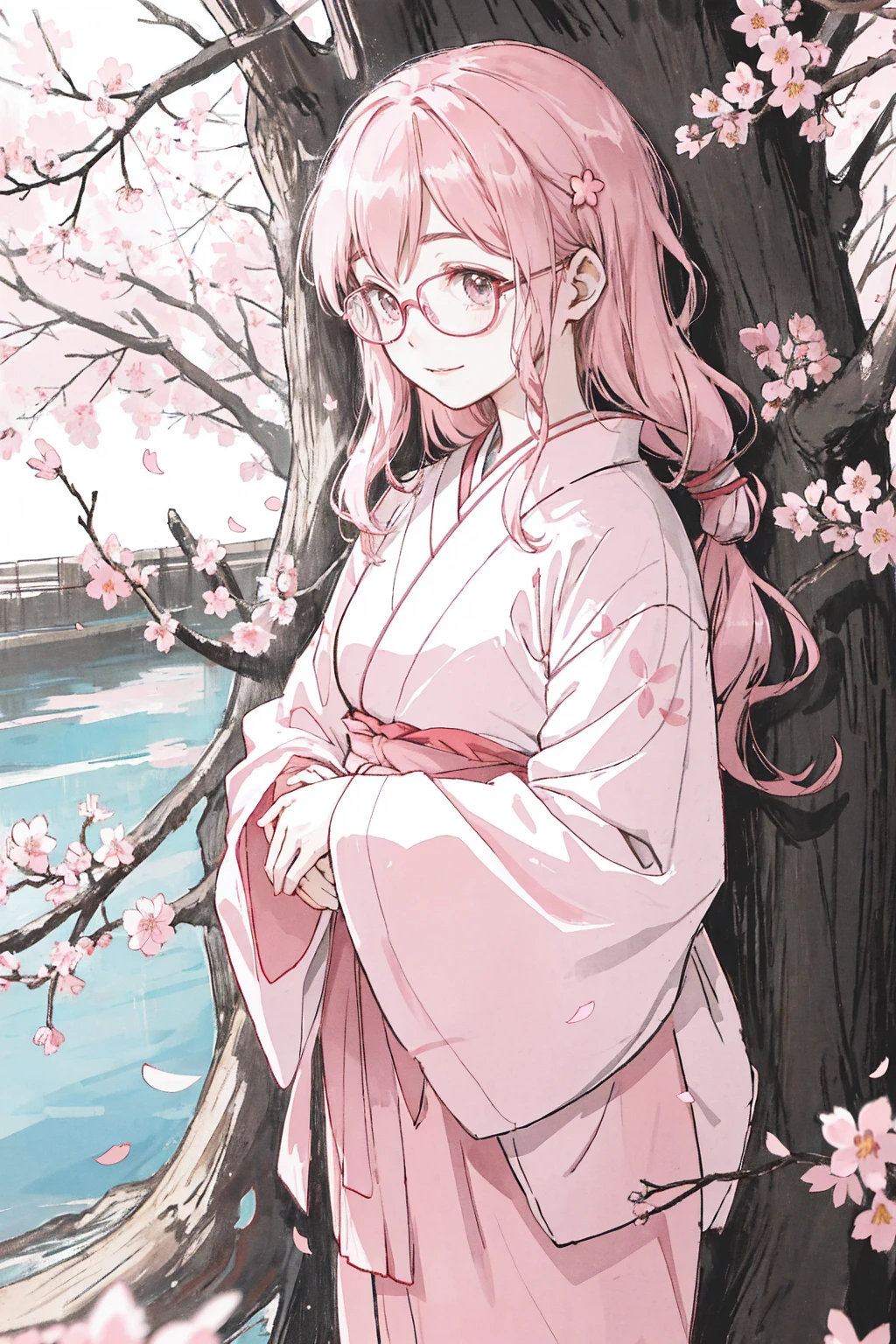 A Japanese anime female character wearing glasses,Standing under the pink cherry blossom tree,The breeze blew her long hair。The background is delicate cherry blossom petals falling,The spring sun shines on her shoulders。She smiled,Hands gently caressing a cherry blossom。