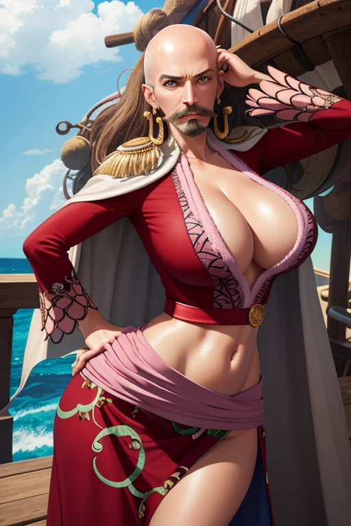 Old man, bald, Fake Mustache, big mustache, beard, big beard, gigantic breast, large breast, best quality, cowboy shot, solo, 1girl, smile, looking at viewer, hand on breast, cape, epaulettes, cleavage, jewelry, earrings, midriff, extremely detailed CG unity 8k wallpaper, perfect lighting,best_quality, ultra high res,4K,ultra-detailed, photography, huge breasts, very wide hips, slim waist, curvy, on a pirate ship at sea