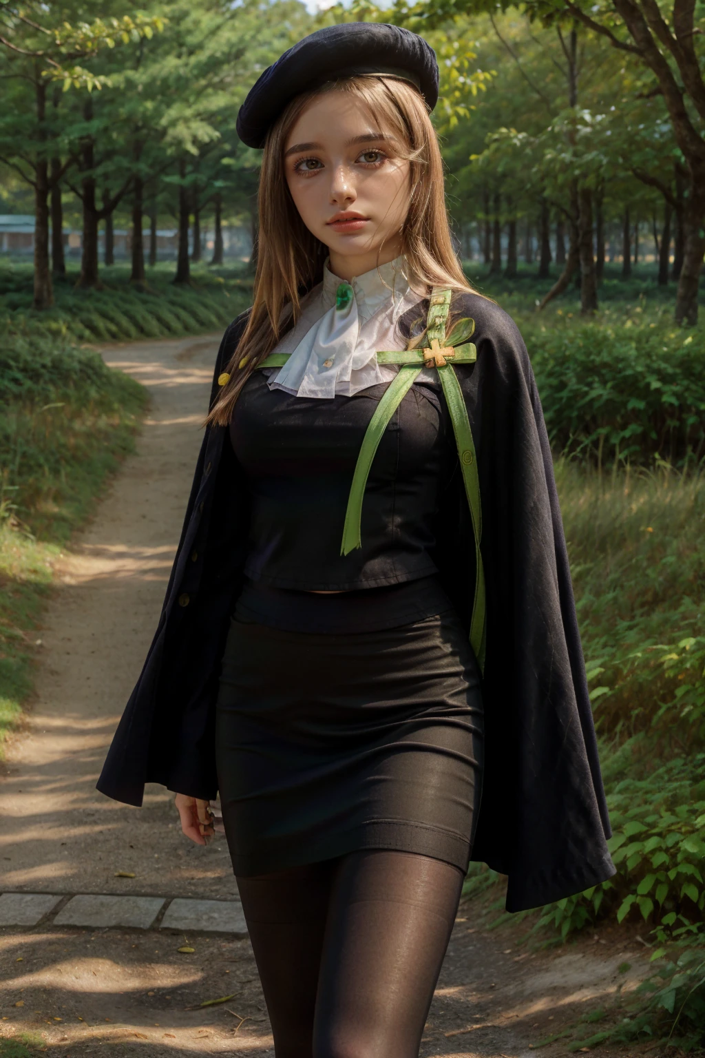 1 girl, best quality, ((Miyo)), tarankaaa, NOT DASHA TARAN, perfect face, beautiful smile, 30 years old, ((ascot, uniform, black skirt, cross, ribbon, gold blonde hair, emerald, beret, cape, pantyhose, shirt cover til hips, long shirt)), ((perfectly drawn hands)), perfect body, bare tree, bush, fog, forest, grass, nature, outdoors, plant, scenery, solo, standing, tree, 32k photograph, ((perfect eyes, detailed eyes,realistic eyes)), ((sharp face, detailed face, realistic face, natural skin, realistic skin, detailed skin, pores)), full body, tone mapping, asian-european, ((masterpiece)), ((highres)), ((detailed background)), japanese village background, night, big proportions, 