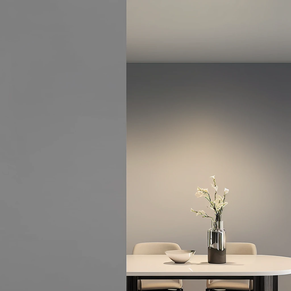 On the table was a vase，Flowers and chairs, Stylish design, Clarity、Smooth、Clean lines, Elegant and simple, sleek streamlined design, simple design, Realistic lighting, Detailed architectural visualization renderings, Brightly lit atmosphere, Simple and beautiful, simple design, Artistic Interpretation, Dramatic diffuse lighting, Minimal modern, Hyper-realistic rendering