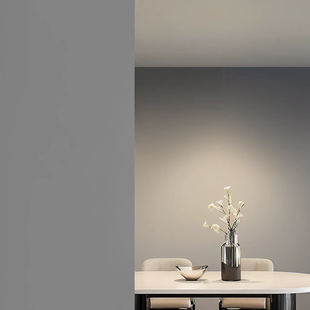 On the table was a vase,Flowers and chairs, Stylish design, Clarity、Smooth、Clean lines, Elegant and simple, sleek streamlined design, simple design, Realistic lighting, Detailed architectural visualization renderings, Brightly lit atmosphere, Simple and beautiful, simple design, Artistic Interpretation, Dramatic diffuse lighting, Minimal modern, Hyper-realistic rendering
