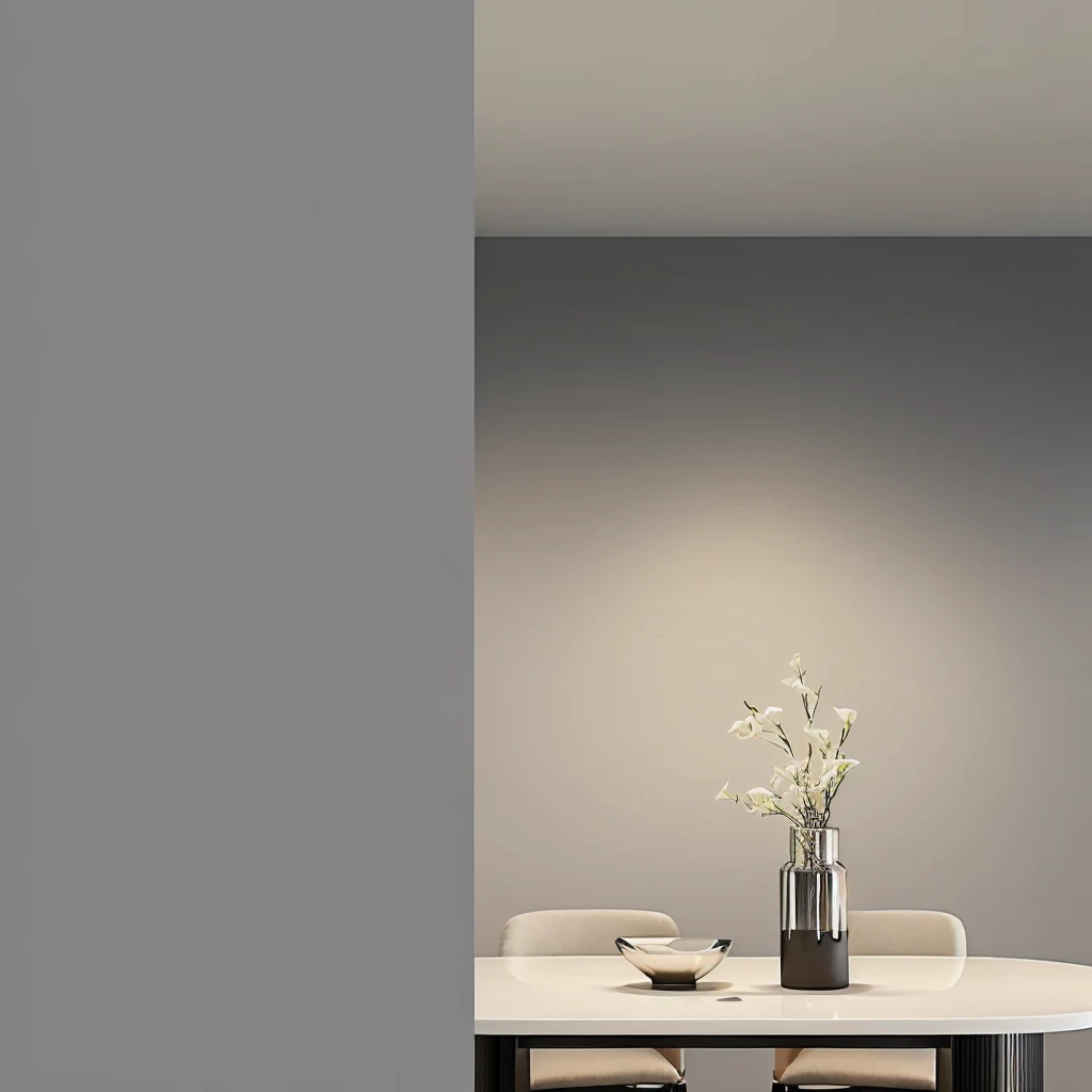 On the table was a vase,Flowers and chairs, Stylish design, Clarity、Smooth、Clean lines, Elegant and simple, sleek streamlined design, simple design, Realistic lighting, Detailed architectural visualization renderings, Brightly lit atmosphere, Simple and beautiful, simple design, Artistic Interpretation, Dramatic diffuse lighting, Minimal modern, Hyper-realistic rendering