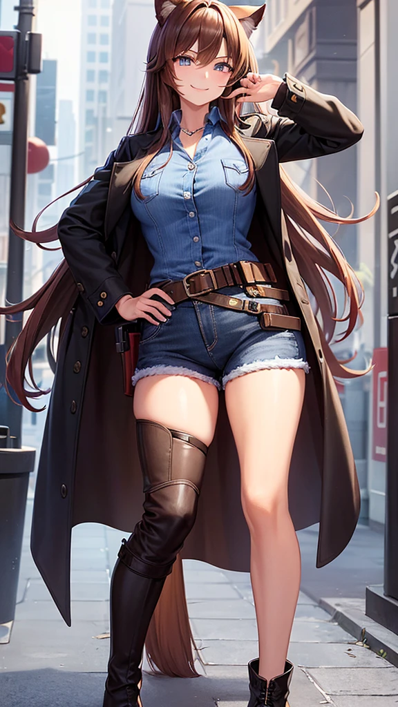 This is a digital drawing of a female character wearing cowboy attire. She has long brown hair, cat ears, and a mischievous smile. She's wearing a black coat, a red button-up shirt, blue denim shorts, and brown chaps over a pair of boots. She has a holster on her hip and a pair of pistols.
