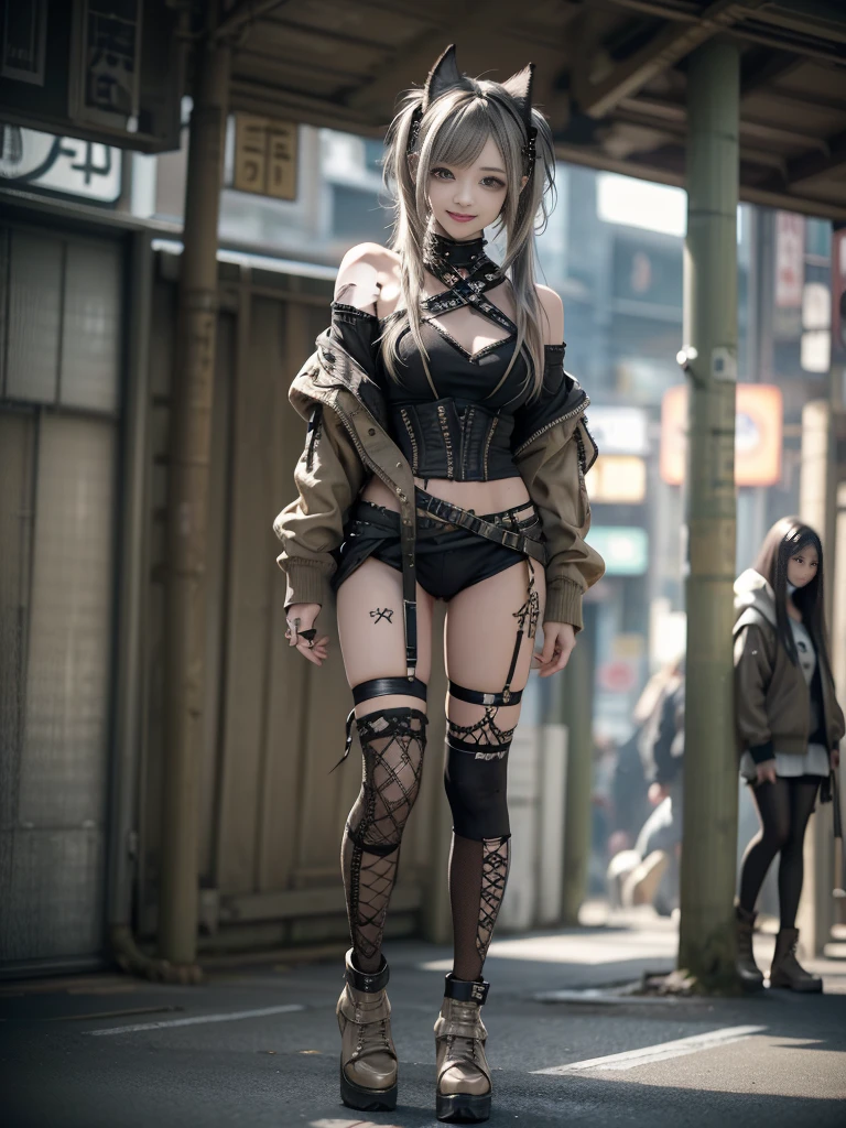 (Full Body View:1.2)、(Smiling with teeth showing:1.3),(Shibuya Gal:1.5)、(Beautiful:1.5)、(Neo-goth fashion:1.5)、(Punk RockVisual Kei:1.5)、(An off-the-shoulder hoodie in khaki and brown with delicate silver accessories.:1.5)、(A corset with a delicate beige and brown design:1.4)、(Khaki and brown snakeskin bodysuit:1.5)、(head band:1.3)、(Beige and charcoal knee socks:1.4)、Embellished collar and long boots、(I&#39;m selling snake print underwear.:1.4)、(Long eyelashes:1.3)、(20-year-old)、((Highest quality、8k、masterpiece:1.3))、1 Female、Slim and beautiful abs:1.3、(hairstyle casual、Beautiful boobs:1.1)、(Doing an aerobics pose:1.3)、dress:1.1、Super small face、Narrow eyes、double eyelid、A sloppy smile、Esbian all over body、Dynamic Angle、Close-up、CPL Filter、Blurred Background、Bokeh、Blue Hour、Detailed face and skin texture、Detailed eyes、,(Twin tails:1.3)、(Black Hair:1.3)、Gravure idol、(The background is a glamorous dance hall:1.3)、(Make your legs thinner:1.4)、(Slim body:1.3)、(clavicle:1.1)
