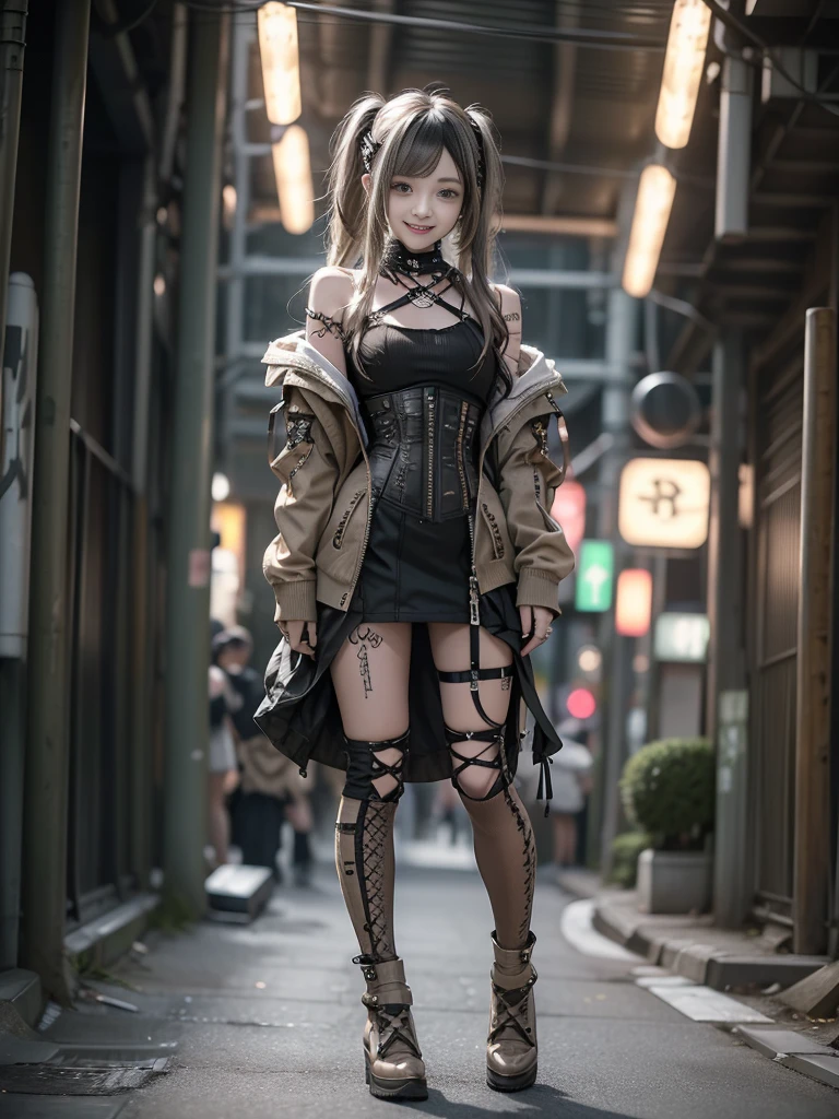 (Full Body View:1.2)、(Smiling with teeth showing:1.3),(Shibuya Gal:1.5)、(Beautiful:1.5)、(Neo-goth fashion:1.5)、(Punk RockVisual Kei:1.5)、(An off-the-shoulder hoodie in khaki and brown with delicate silver accessories.:1.5)、(A corset with a delicate beige and brown design:1.4)、(Khaki and brown snakeskin bodysuit:1.5)、(head band:1.3)、(Beige and charcoal knee socks:1.4)、Embellished collar and long boots、(I&#39;m selling snake print underwear.:1.4)、(Long eyelashes:1.3)、(20-year-old)、((Highest quality、8k、masterpiece:1.3))、1 Female、Slim and beautiful abs:1.3、(hairstyle casual、Beautiful boobs:1.1)、(Doing an aerobics pose:1.3)、dress:1.1、Super small face、Narrow eyes、double eyelid、A sloppy smile、Esbian all over body、Dynamic Angle、Close-up、CPL Filter、Blurred Background、Bokeh、Blue Hour、Detailed face and skin texture、Detailed eyes、,(Twin tails:1.3)、(Black Hair:1.3)、Gravure idol、(The background is a glamorous dance hall:1.3)、(Make your legs thinner:1.4)、(Slim body:1.3)、(clavicle:1.1)
