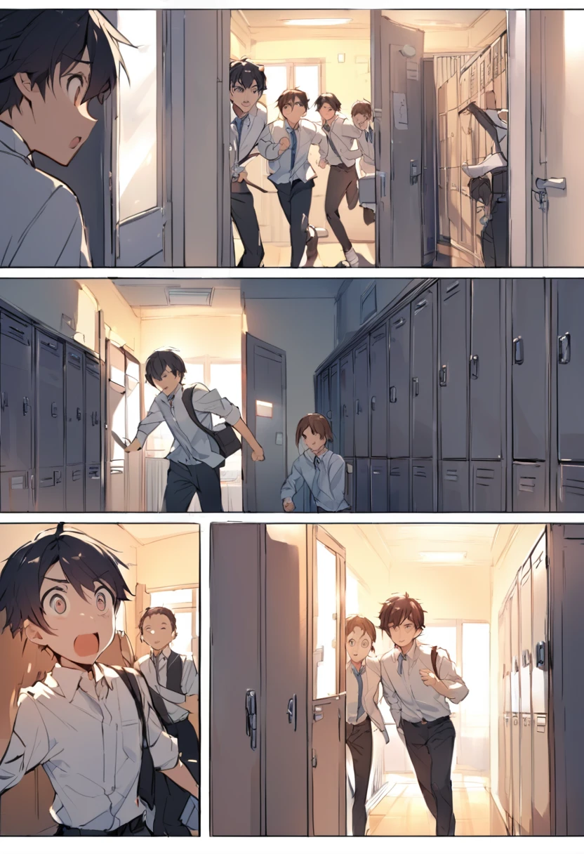 A male student suddenly stands up from his desk and rushes out of the classroom, pushing his chair back with a loud noise. Other students, some with surprised and confused expressions, turn to look at him. The teacher stops mid-sentence, looking shocked. The classroom door is open, revealing a brightly lit hallway with lockers, bulletin boards, and a few students walking by, turning their heads to see the commotion. Two students near the door are whispering and pointing towards the running student.